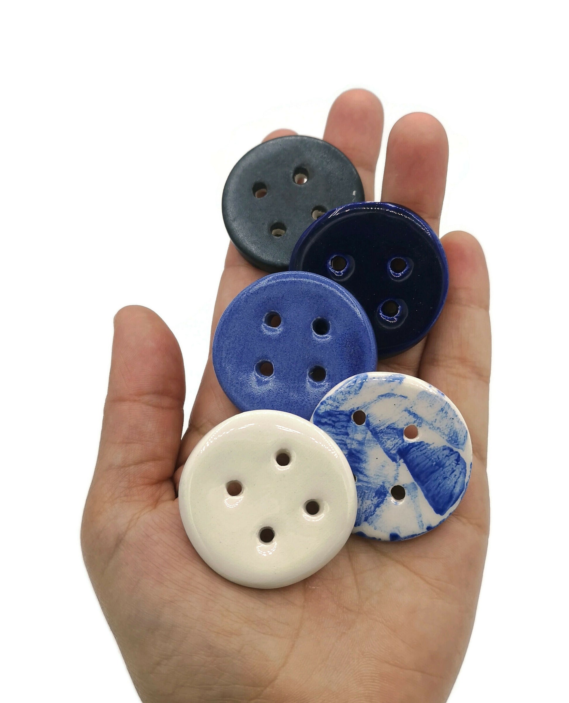 5Pc 40mm Round Sewing Buttons, Handmade Ceramic Unique Coat Buttons Set, Blue Sewing Button For Jewelry Making, Sewing Supplies And Notions - Ceramica Ana Rafael