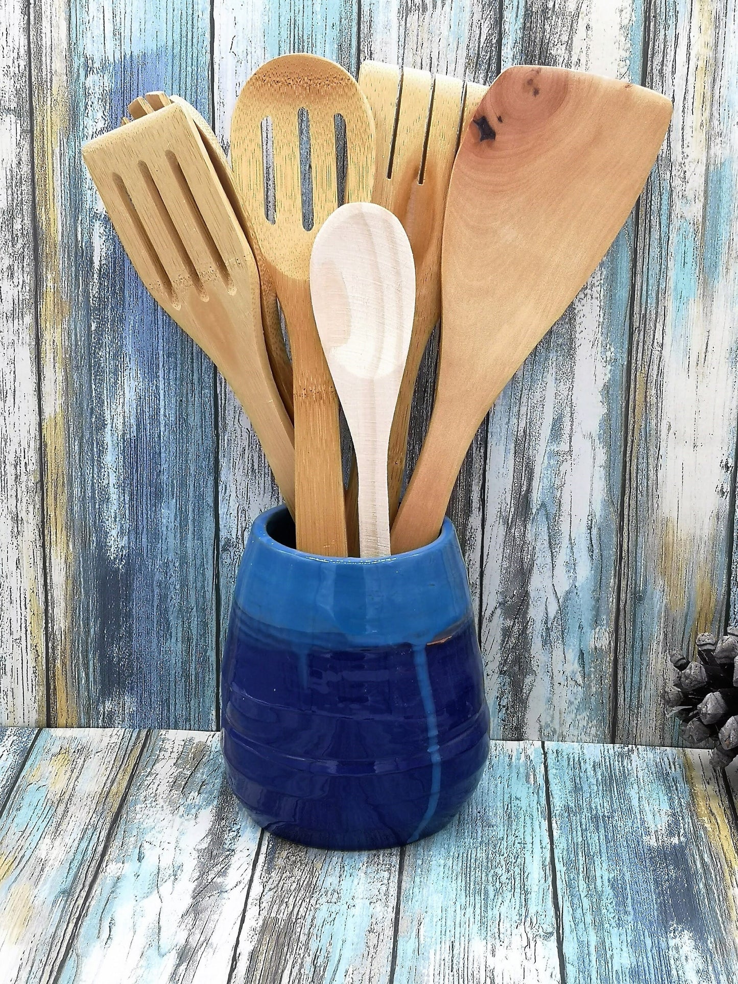Blue Handmade Ceramic Vase, Large Utensil Holder, Modern Kitchen Utensil Organizer, Custom Wedding Gift, Tall Ceramic Planter Cache Pot - Ceramica Ana Rafael