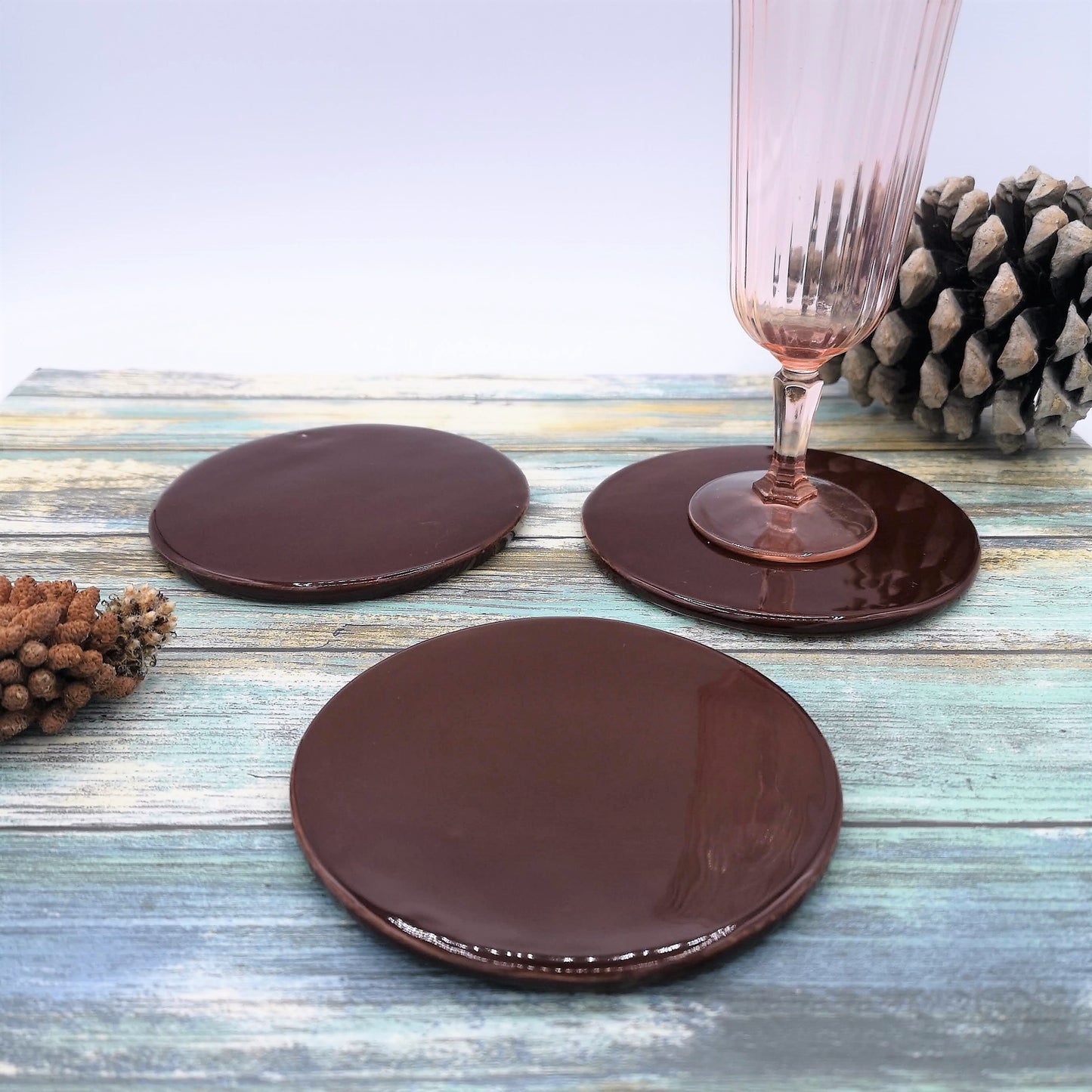 CERAMIC OFFICE COASTERS, Round Shaped Brown Handmade Cup Coasters For Men - Ceramica Ana Rafael
