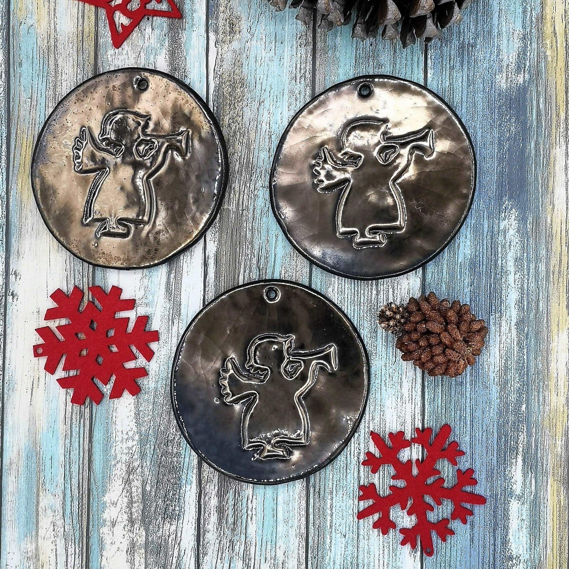 1Pc Handmade Ceramic Angel Wall Hanging Ornament, Golden Pottery Christmas Tree Ornaments, Guardian Angel Art For Christian Home Decor
