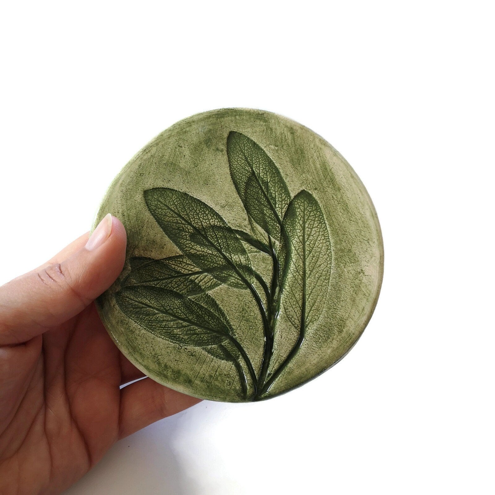 3Pcs Round Botanical Handmade Ceramic Coasters Set, Green Modern Coffee Coaster For Office Desk Accessories, Housewarming Gift For Men - Ceramica Ana Rafael