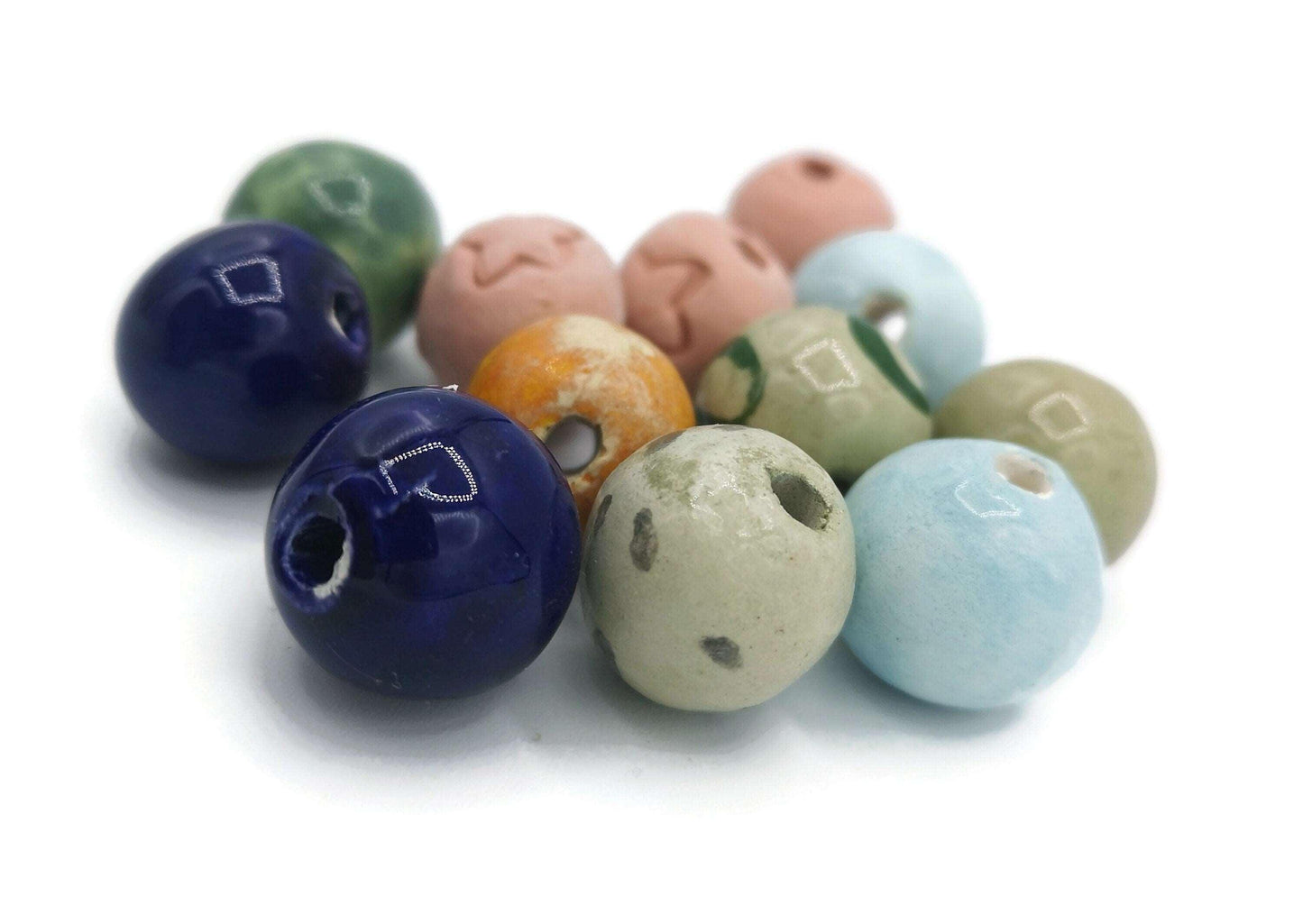 12Pc Handmade Ceramic Beads For Jewelry making, Round Mixed Clay Beads For Crafts,Decorative Macrame Beads Large Hole 2mm, Assorted Beads