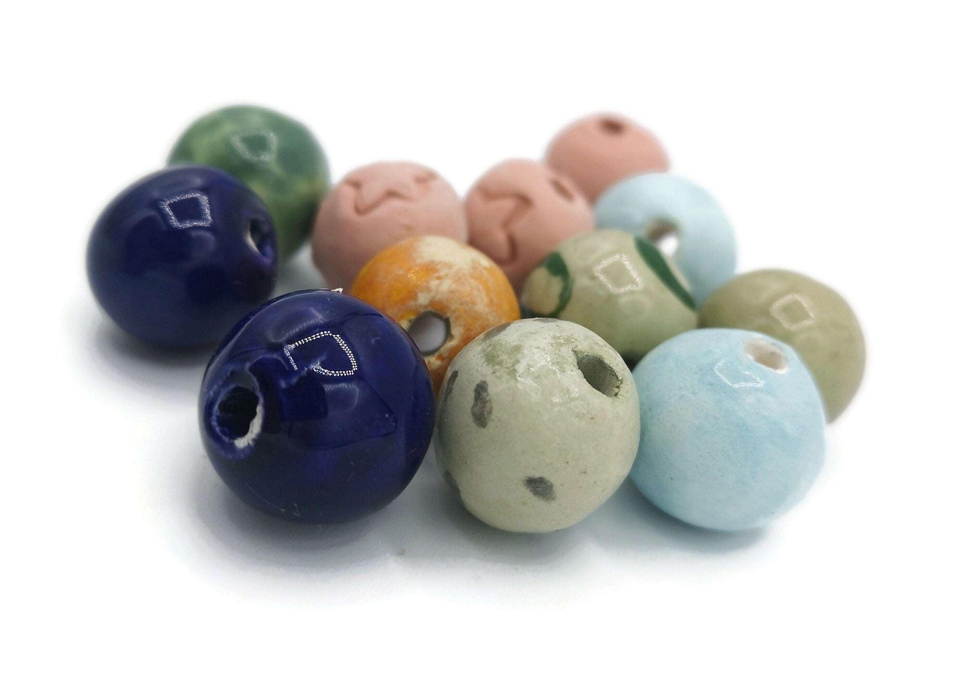 12Pc Handmade Ceramic Beads For Jewelry making, Round Mixed Clay Beads For Crafts,Decorative Macrame Beads Large Hole 2mm, Assorted Beads
