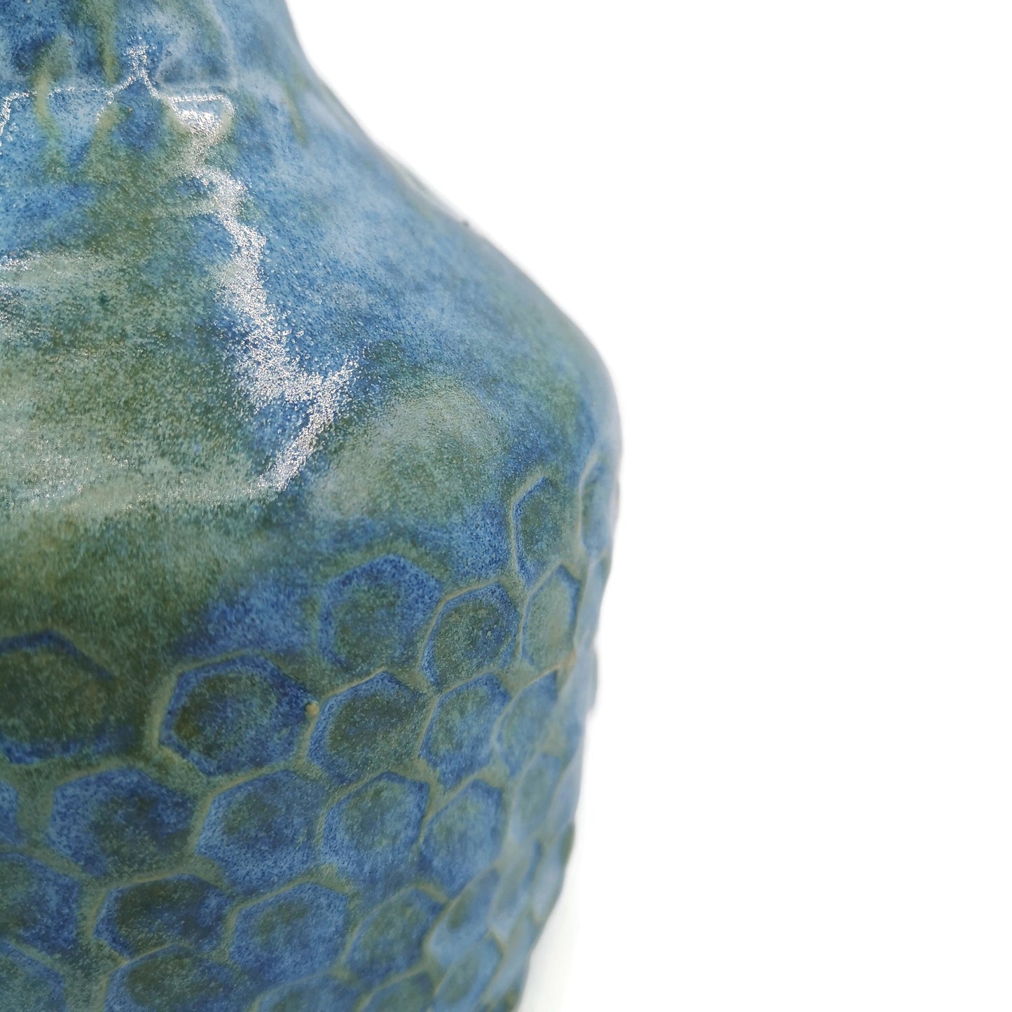 Blue Handmade Ceramic Bottle With Decorative Natural Cork Stopper, Sculptural Vase Honneycomb Texture For Rustic Home Decor - Ceramica Ana Rafael