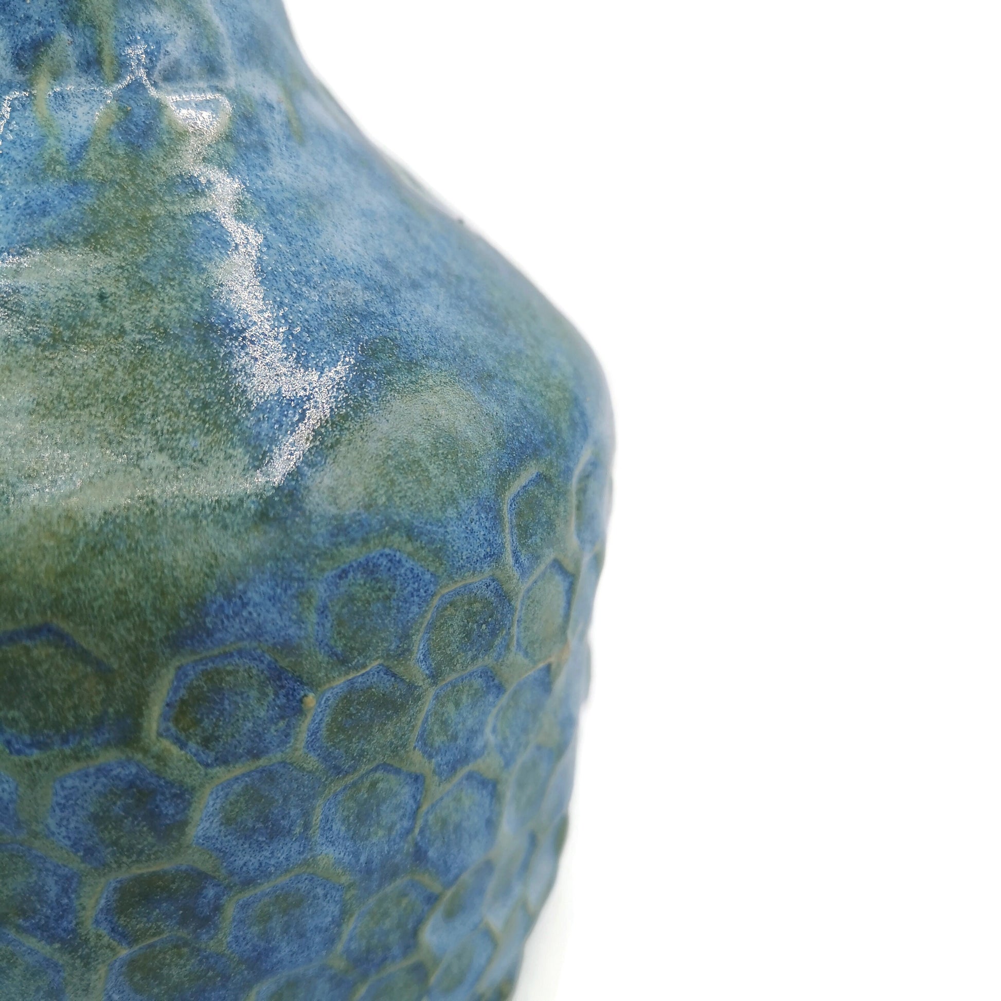 Blue Handmade Ceramic Bottle With Decorative Natural Cork Stopper, Sculptural Vase Honneycomb Texture For Rustic Home Decor - Ceramica Ana Rafael