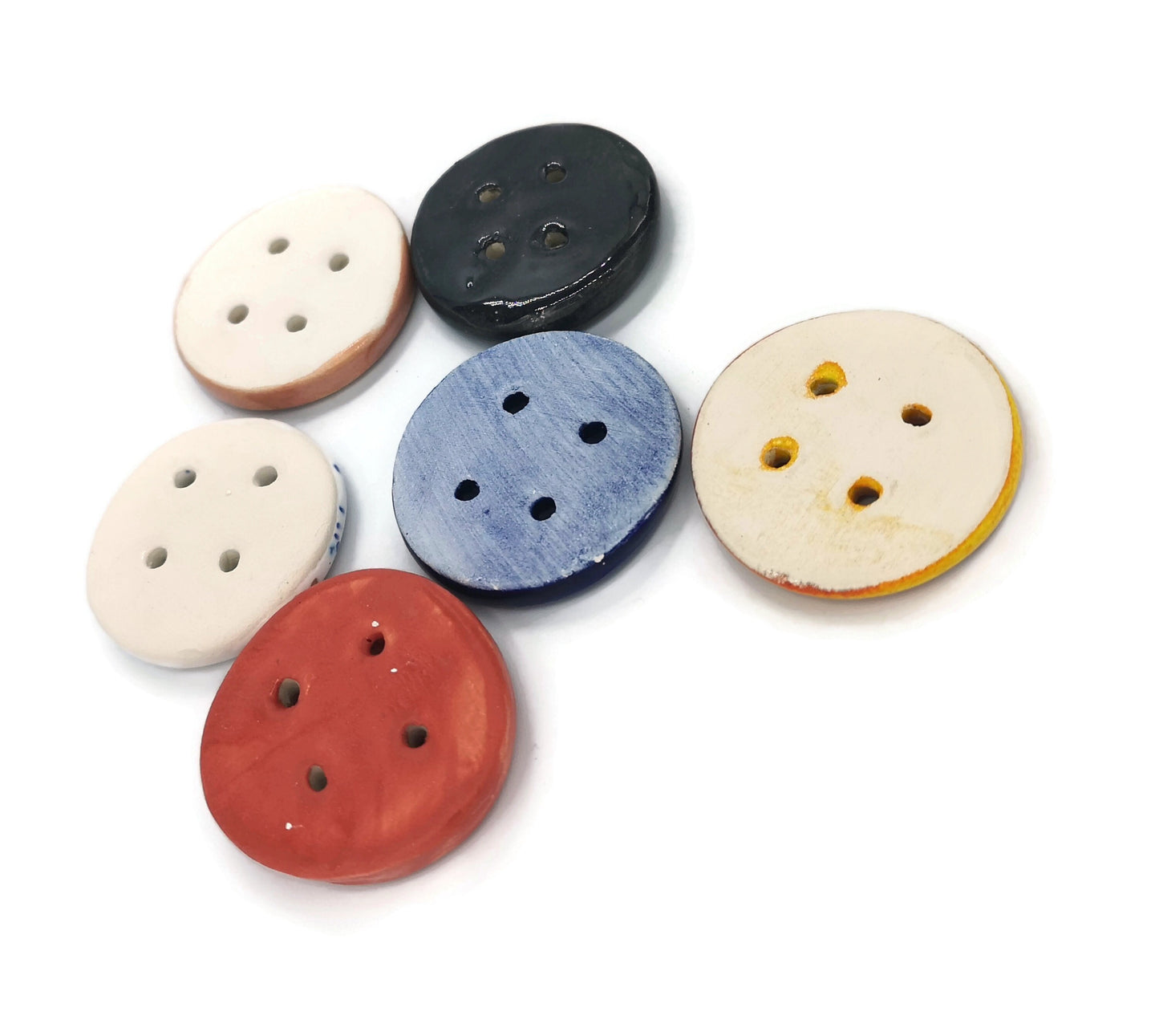 6Pc 40mm Glazed Extra Large Clay Sewing Buttons, Assorted Handmade Ceramic Buttons, Unique Strange And Unusual 4-hole Flat Back Buttons - Ceramica Ana Rafael