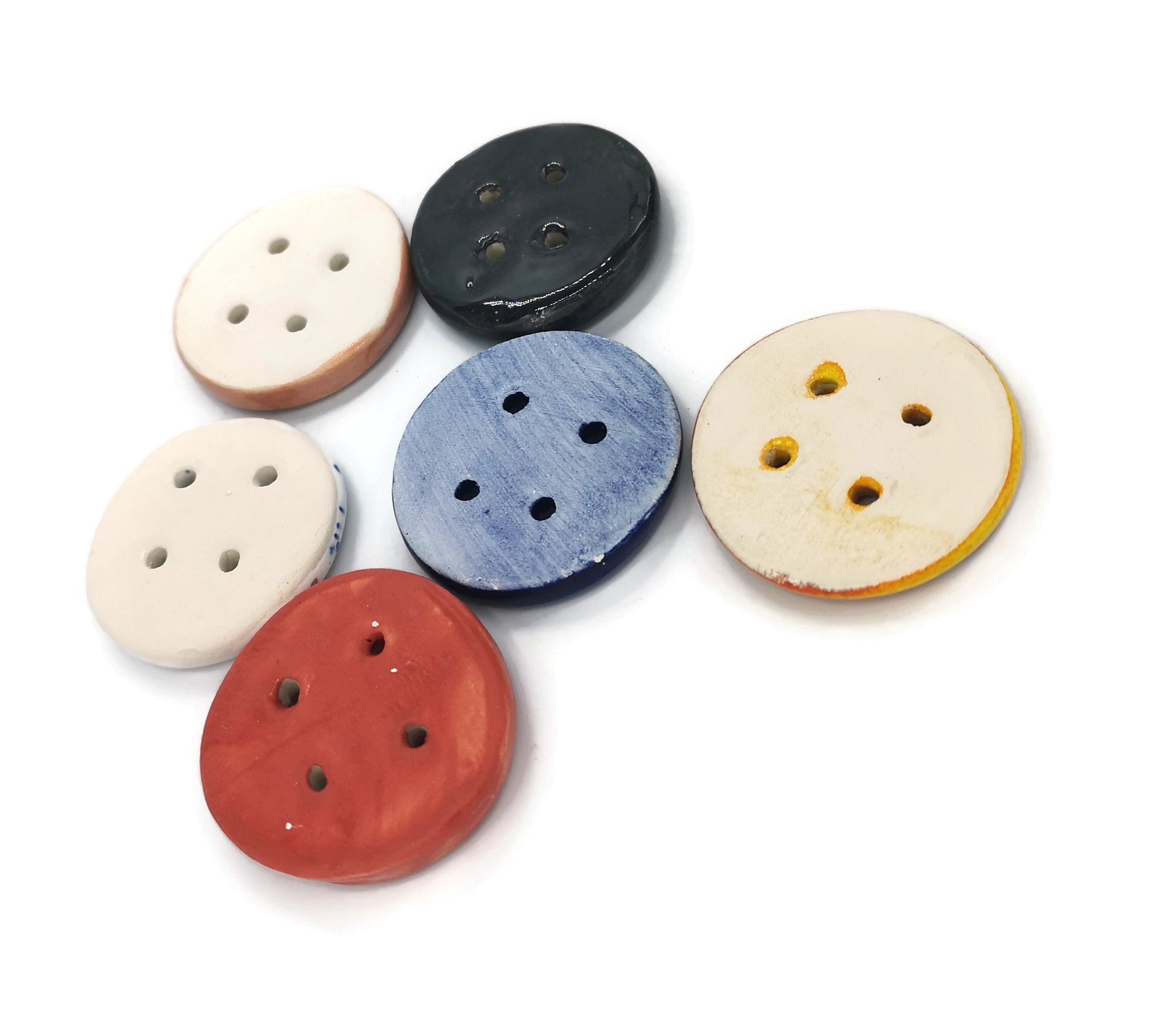 6Pc 40mm Glazed Extra Large Clay Sewing Buttons, Assorted Handmade Ceramic Buttons, Unique Strange And Unusual 4-hole Flat Back Buttons - Ceramica Ana Rafael