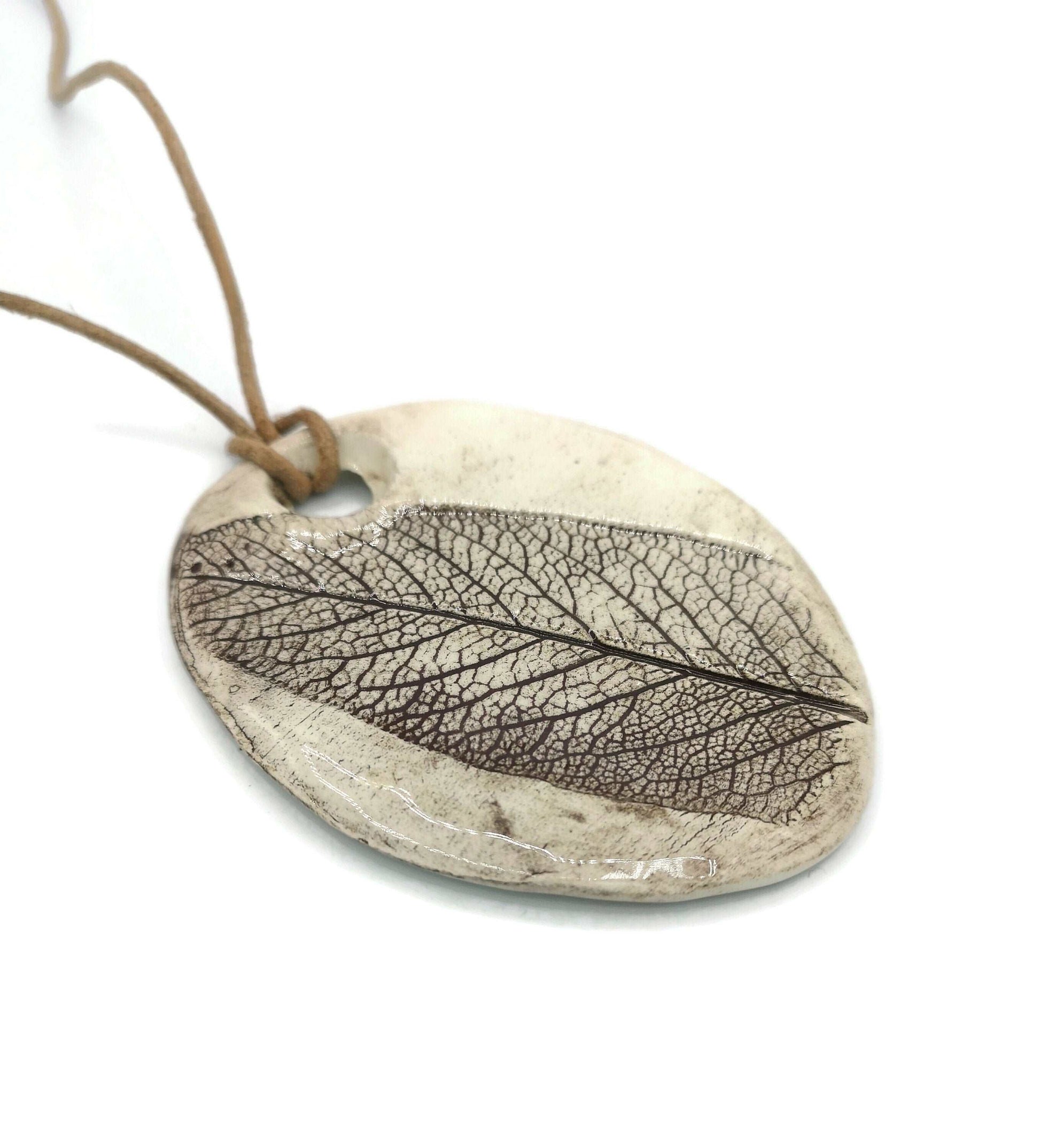 1Pc 85mm Extra Large Handmade Ceramic Necklace Pendant for Jewelry Making, Rustic Pressed Sage Leavf Jumbo Clay Charm For Eclectic Fashion