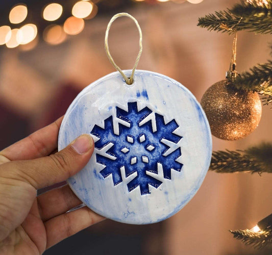 1Pc CERAMIC SNOWFLAKE ORNAMENTS, Clay Wall Hanging, Home Decor Gifts Christmas, Blue Handmade Holidays Home Decor, Winter Accents