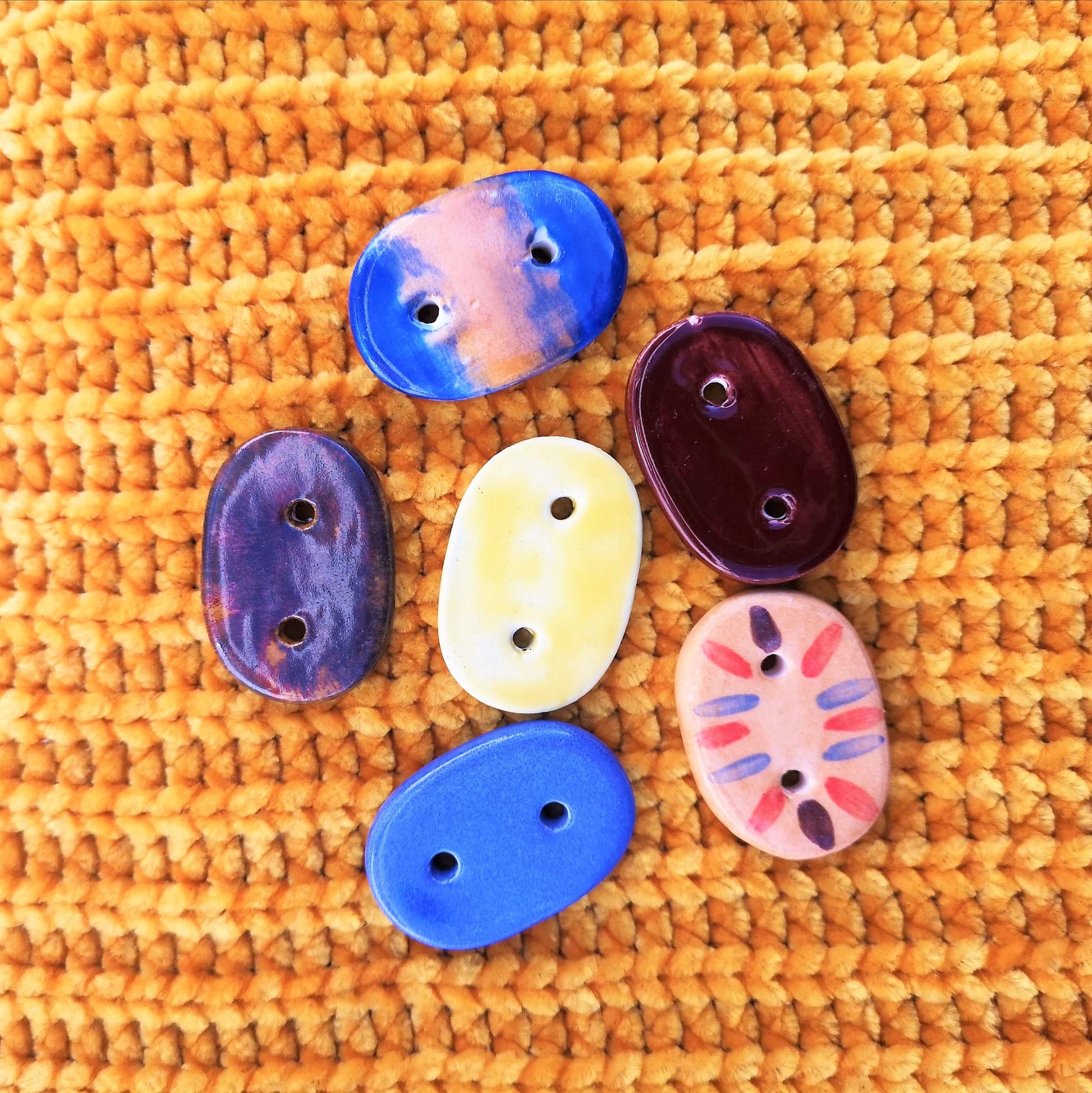 6Pc 35mm Extra Large Handmade Ceramic Sewing Buttons, Colorful Novelty Buttons, Hand Painted Oval Artisan Sewing Supplies And Notions - Ceramica Ana Rafael