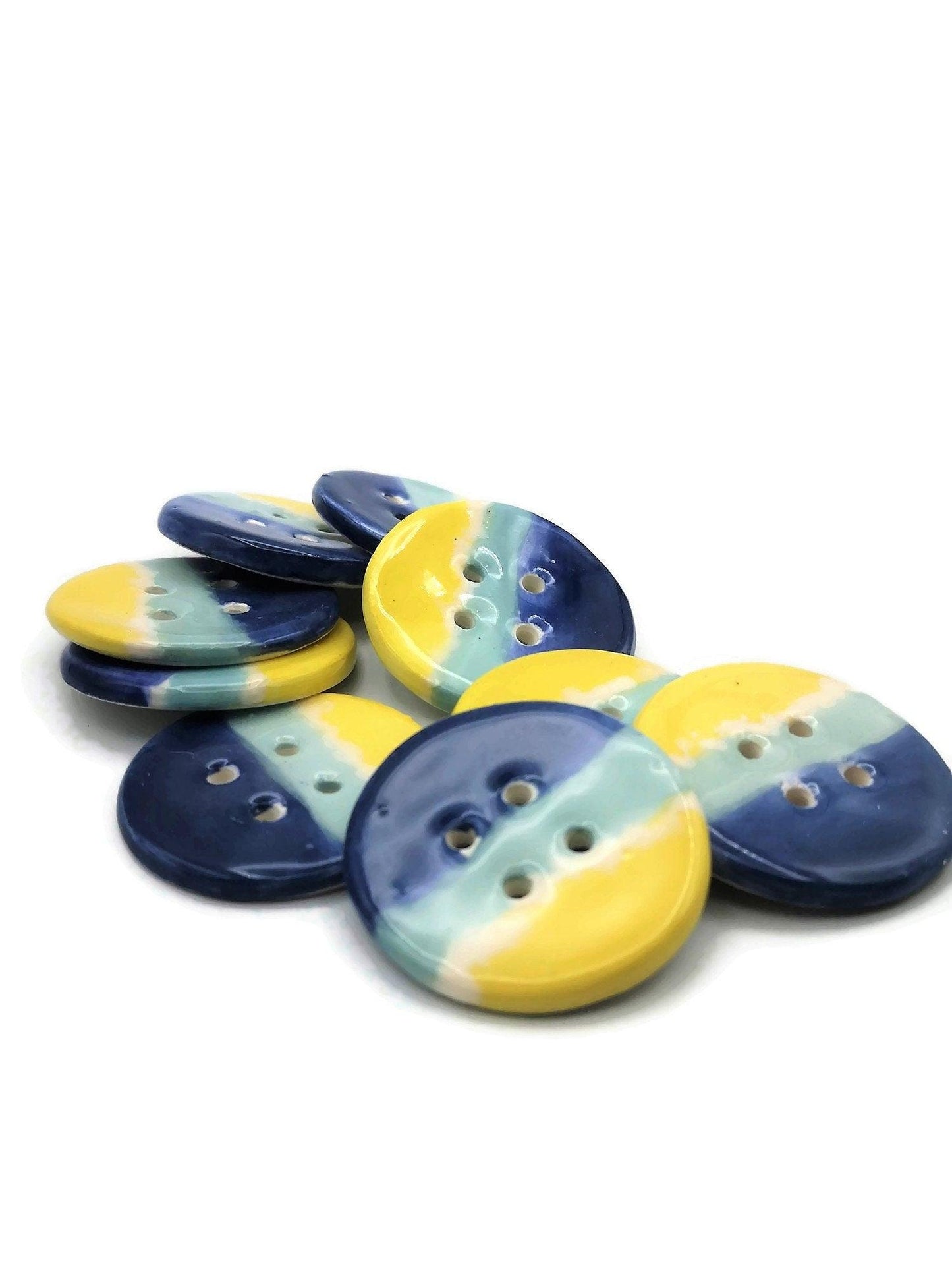 1Pc Handmade Ceramic Extra Large Buttons, Blue And Yellow Decorative Sewing Supplies And Notions, 4 Holes Novelty Beach Themed Coat Buttons - Ceramica Ana Rafael