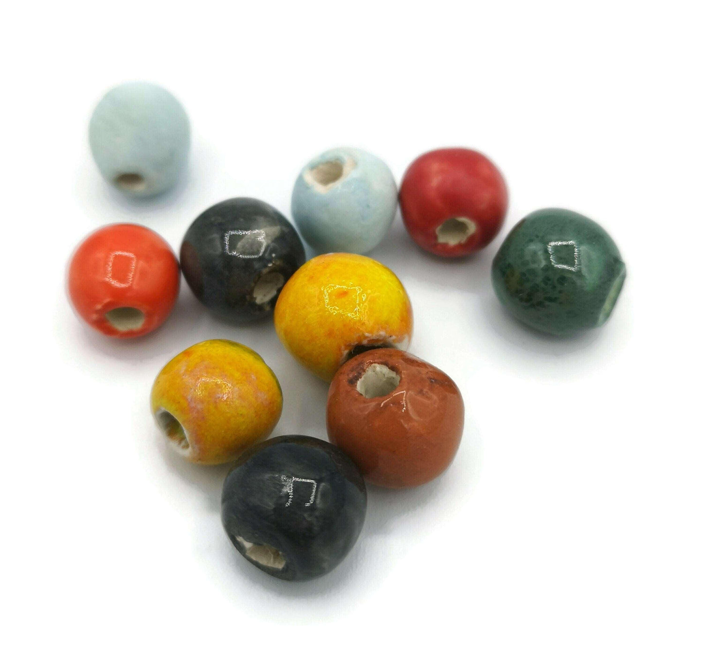 10Pc Round Assorted Beads Set, Handmade Ceramic Beads For Jewelry Making, Unique Artisan Clay Beads For Macrame Smooth And Durable Supplies