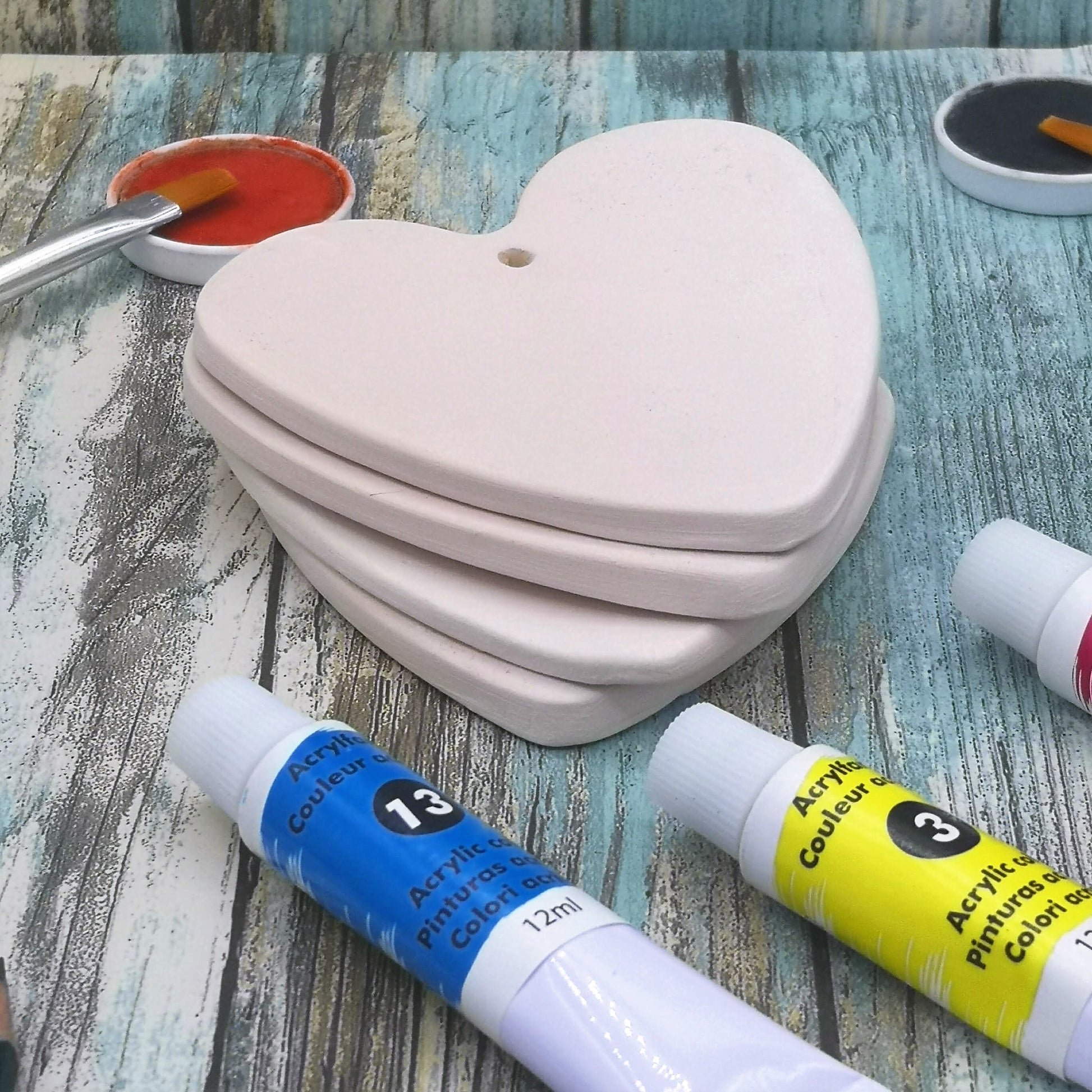 Blank Heart Charm, 4 Pc Handmade Ceramic Bisque Heart Shapes To Hang, Unpainted Diy Craft Kit For Valentines Day Ready To Paint - Ceramica Ana Rafael