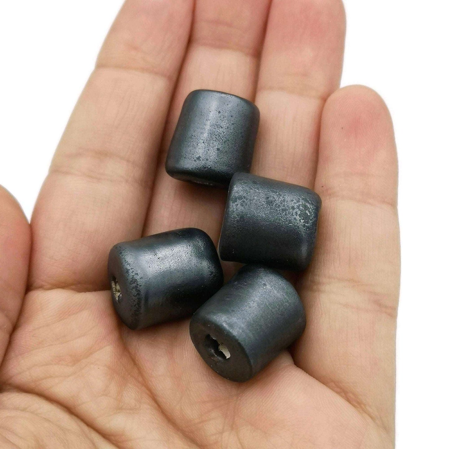 1Pc Silver Black Handmade Ceramic Tube Beads For Jewelry Making, Pony Beads, Best Sellers Beard Beads, Macrame Beads Large Hole
