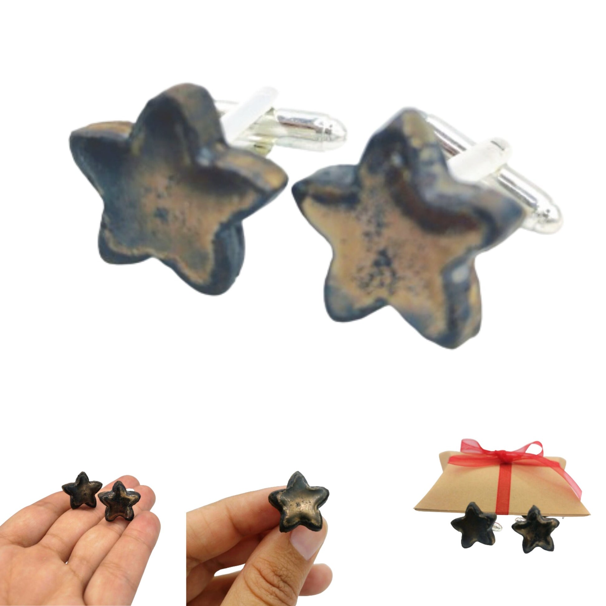 Star Cufflinks For Men, 9th Wedding Anniversary Gift For Husband, Celestial Fathers Day Gift From Daughter, Cute Boyfriend Gift - Ceramica Ana Rafael