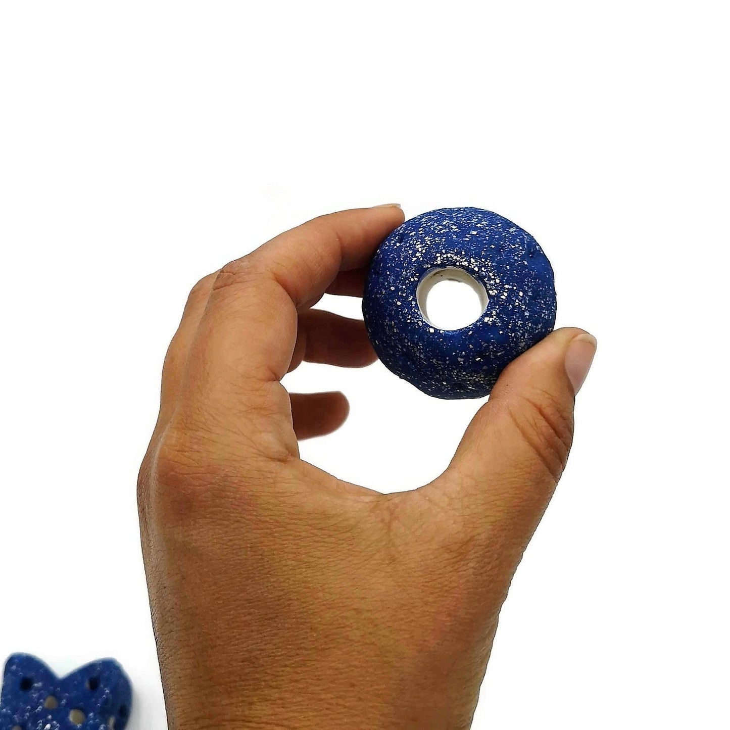 Extra Large Ceramic Beads, Giant Macrame Beads, Round Ball And Star Ornaments, Large Hole Beads Handmade, Sparkly Blue Focal Point Beads - Ceramica Ana Rafael