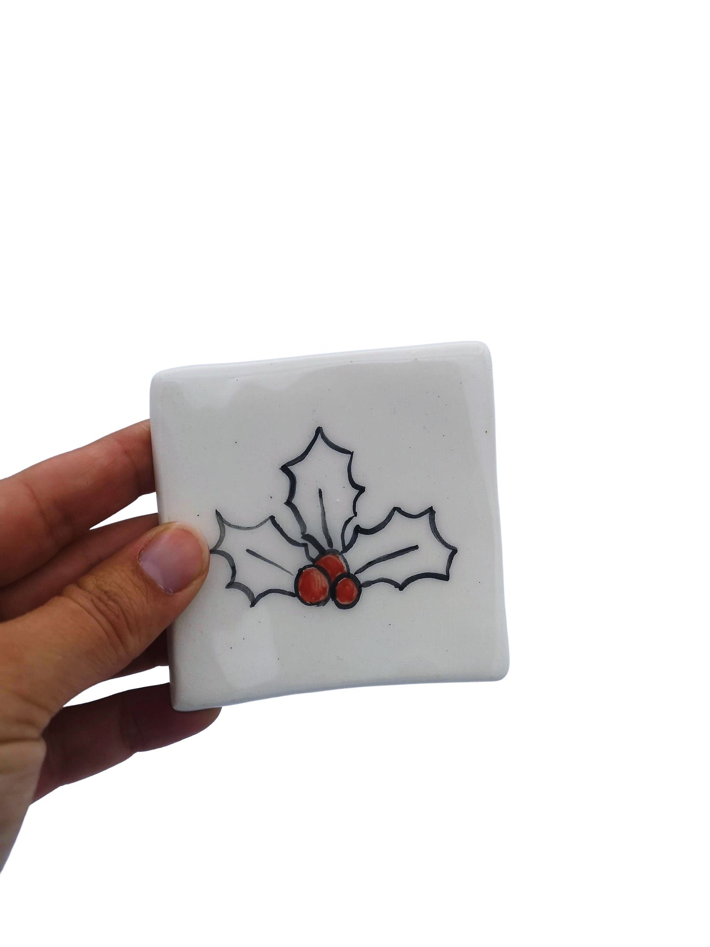 1Pc Handmade Ceramic Trinket Dish With Hand Painted Santa Claus, Holly or Reindeer, Candle Holder, Square Clay Ring Holder Best Gift For Her - Ceramica Ana Rafael