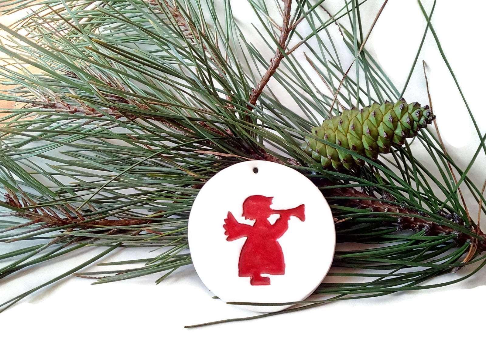1Pc Handmade Ceramic Red and White Angel Wall Hanging, Round Christmas Tree Ornaments, Christian Wall Art, Pottery Nursery Wall Art