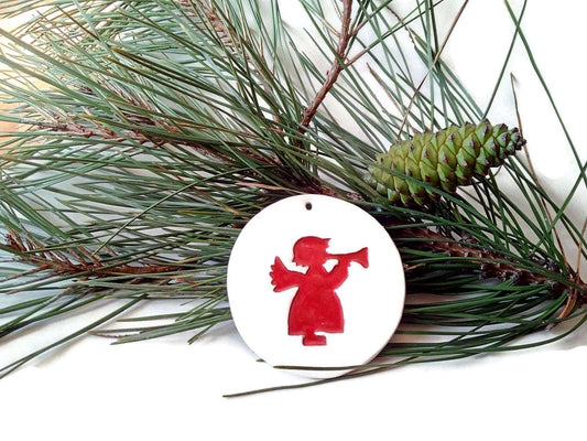 1Pc Handmade Ceramic Red and White Angel Wall Hanging, Round Christmas Tree Ornaments, Christian Wall Art, Pottery Nursery Wall Art