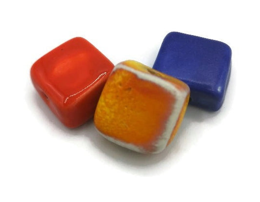 3Pcs 20mm Assorted Handmade Ceramic Beads For Jewelry Making, Unique Large Square Beads, Unusual Artisan Clay Beads Macrame Beads Large Hole - Ceramica Ana Rafael