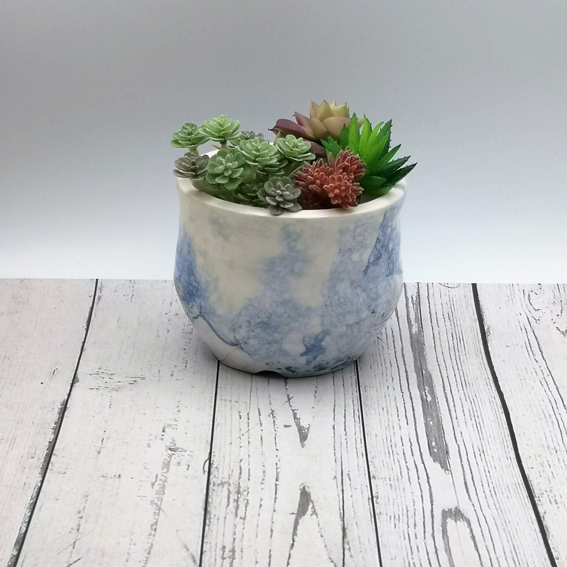 Handmade Ceramic Succulent Planter Pot with Drain Holes, Hand Painted White And Blue Pottery Vase, Office Desk Accessories For Women - Ceramica Ana Rafael