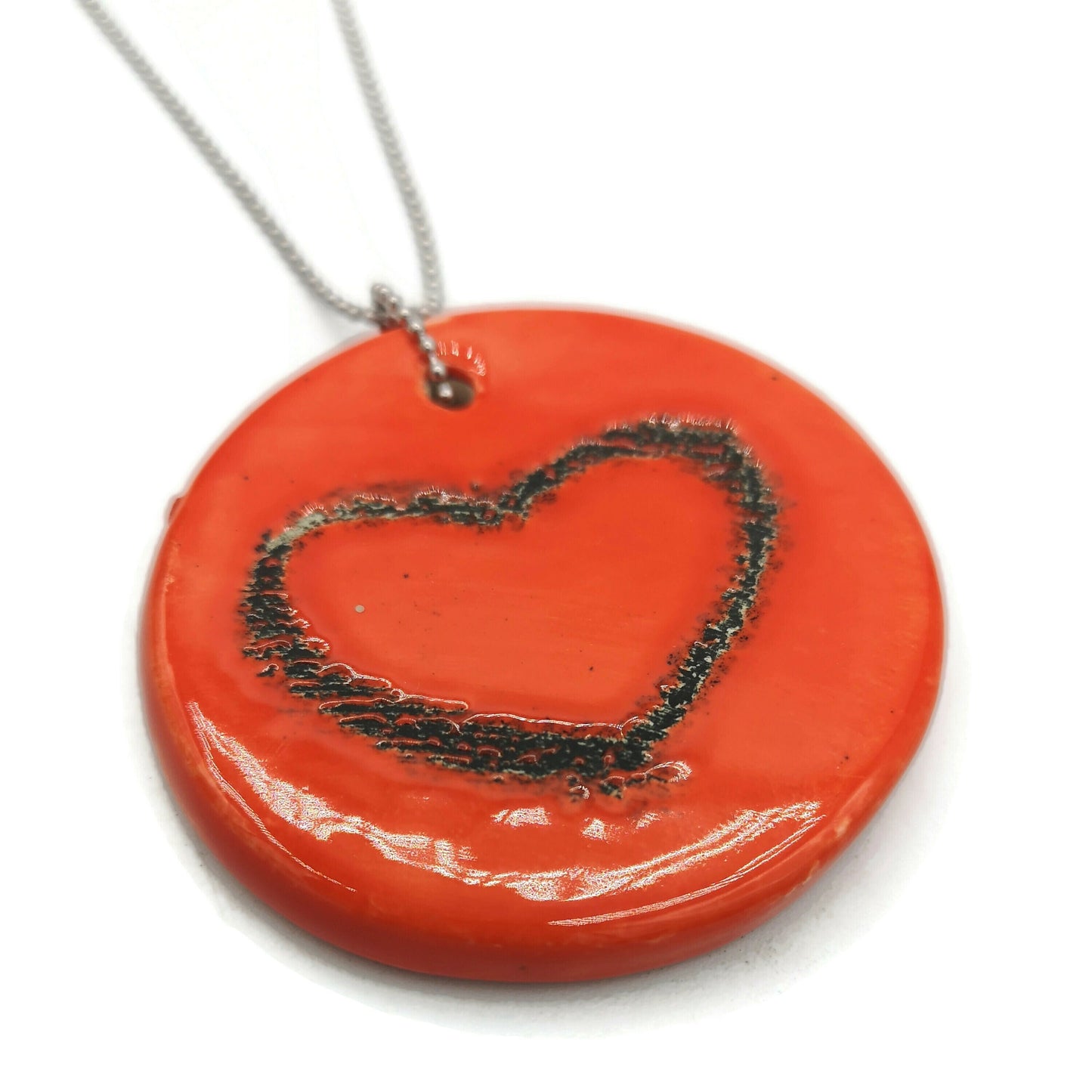 Handmade Ceramic Red Heart Necklace Pendant For Her, Cute Round Pendant, Boho Aesthetic Everyday Necklace, Mothers Day Gift Idea - Ceramica Ana Rafael