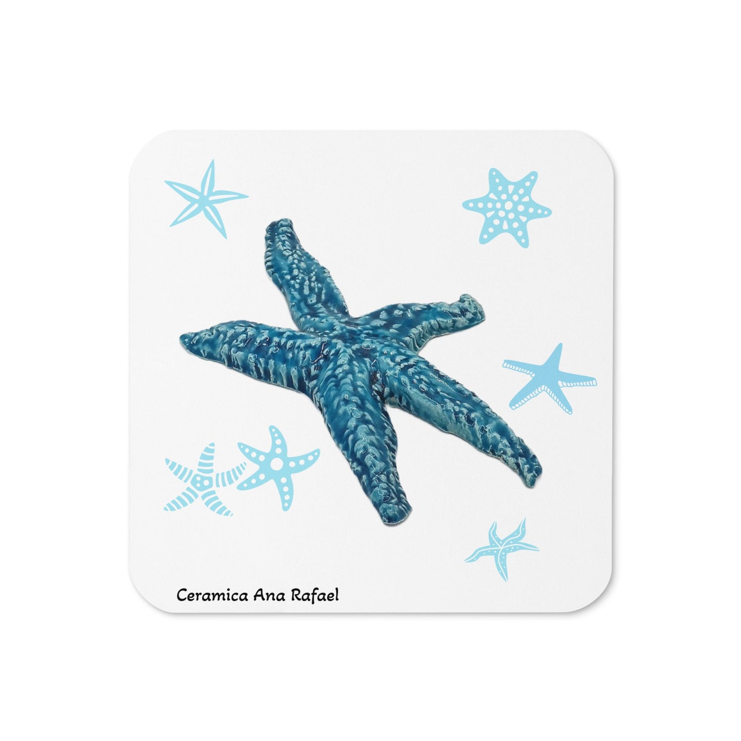 1Pc Blue Starfish MDF Cork-back Coaster With Printed Handmade Ceramic Starfish, Square With Rounded Corners, Office Desk Accessories For Him