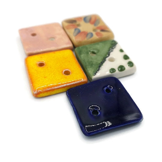 5Pc 30mm Handmade Ceramic Square Sewing Buttons For Crafts, 2 Hole Hand Painted Coat Buttons, Flat Back Button Lot, Blouse Buttons Flatback - Ceramica Ana Rafael