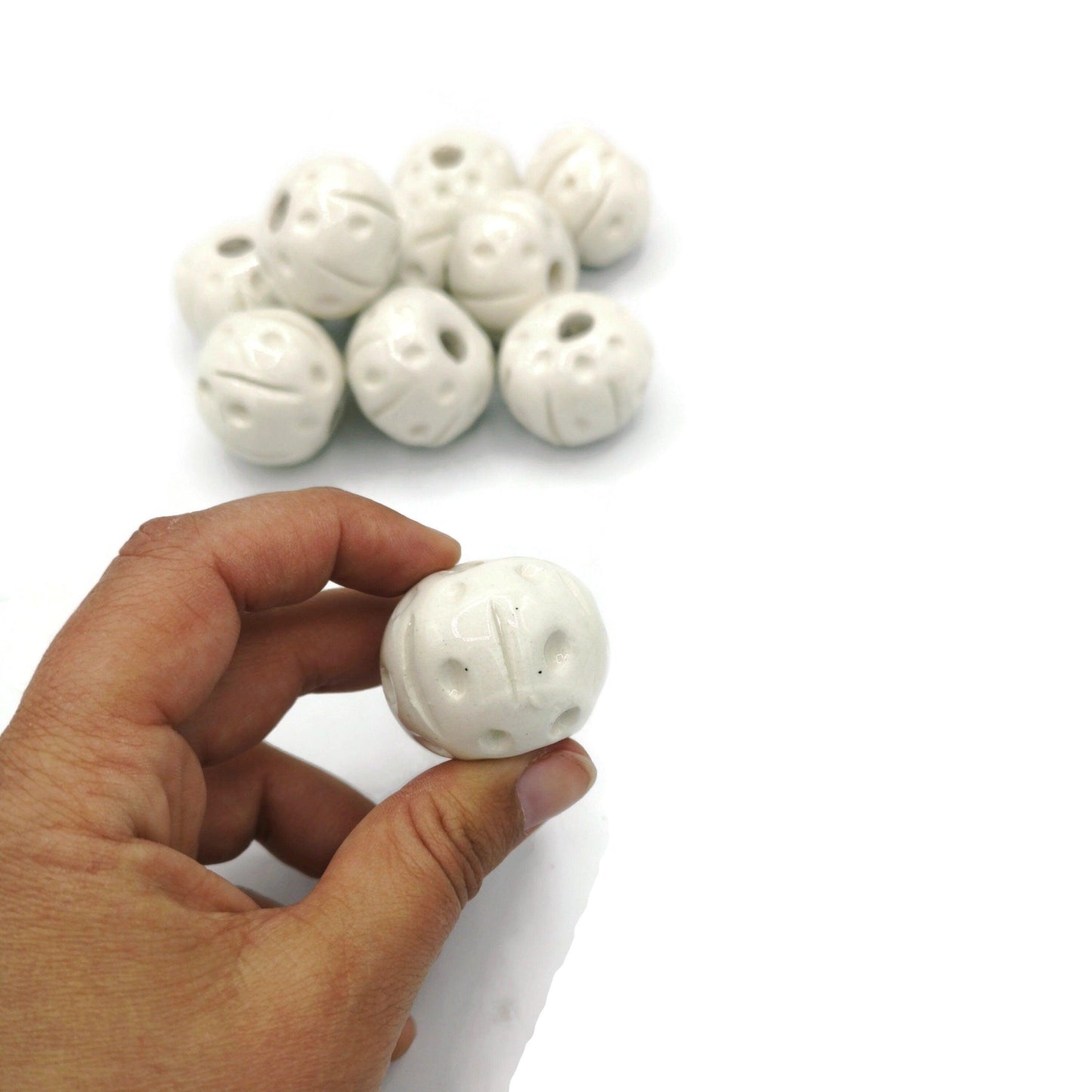 1Pc 35mm White Large Hole Beads, round beads for bracelets, clay beads for jewelry making supplies, best handmade ceramic beads for macrame - Ceramica Ana Rafael