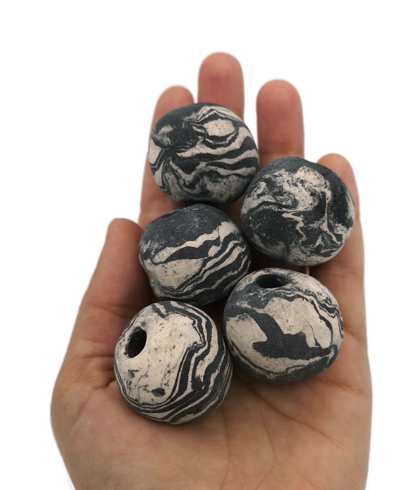 1Pc 30mm Handmade Ceramic Macrame Beads Large Hole, Extra Large Marbled Black And White Jewelry Making Supplies, Artisan Beads