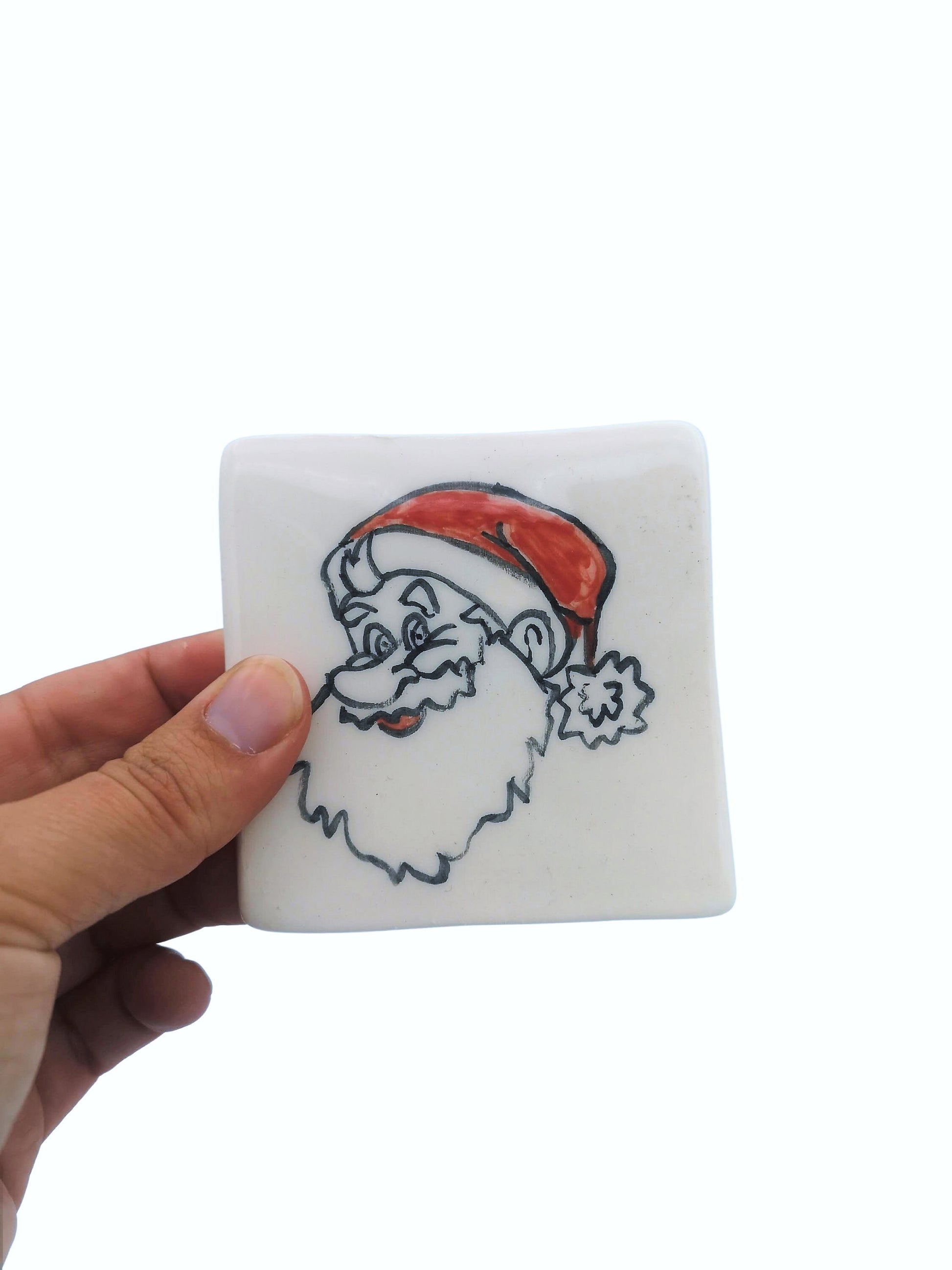 1Pc Handmade Ceramic Trinket Dish With Hand Painted Santa Claus, Holly or Reindeer, Candle Holder, Square Clay Ring Holder Best Gift For Her - Ceramica Ana Rafael
