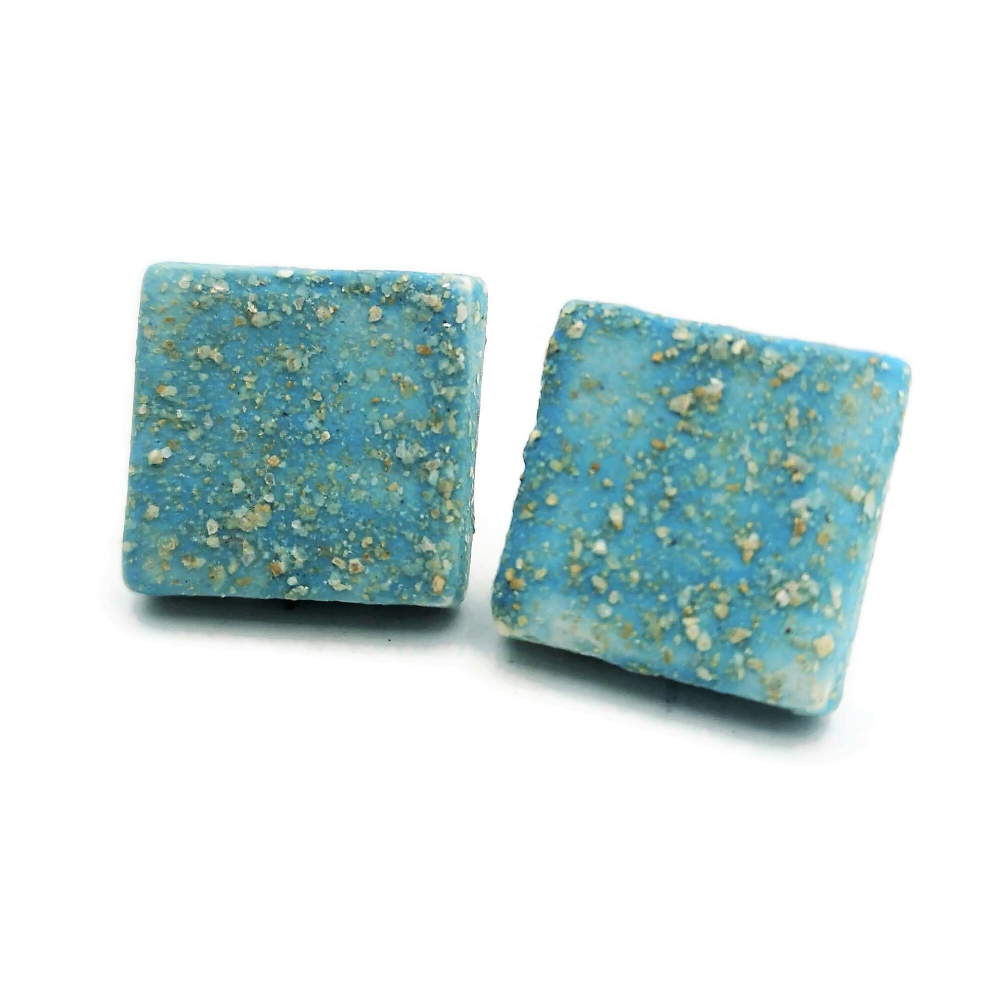 CLAY STUD EARRINGS, Geometric Earrings, Turquoise Studs, Sparkling Blue Designer Earrings, Easter Basket Stuffer Best Gifts For Her - Ceramica Ana Rafael