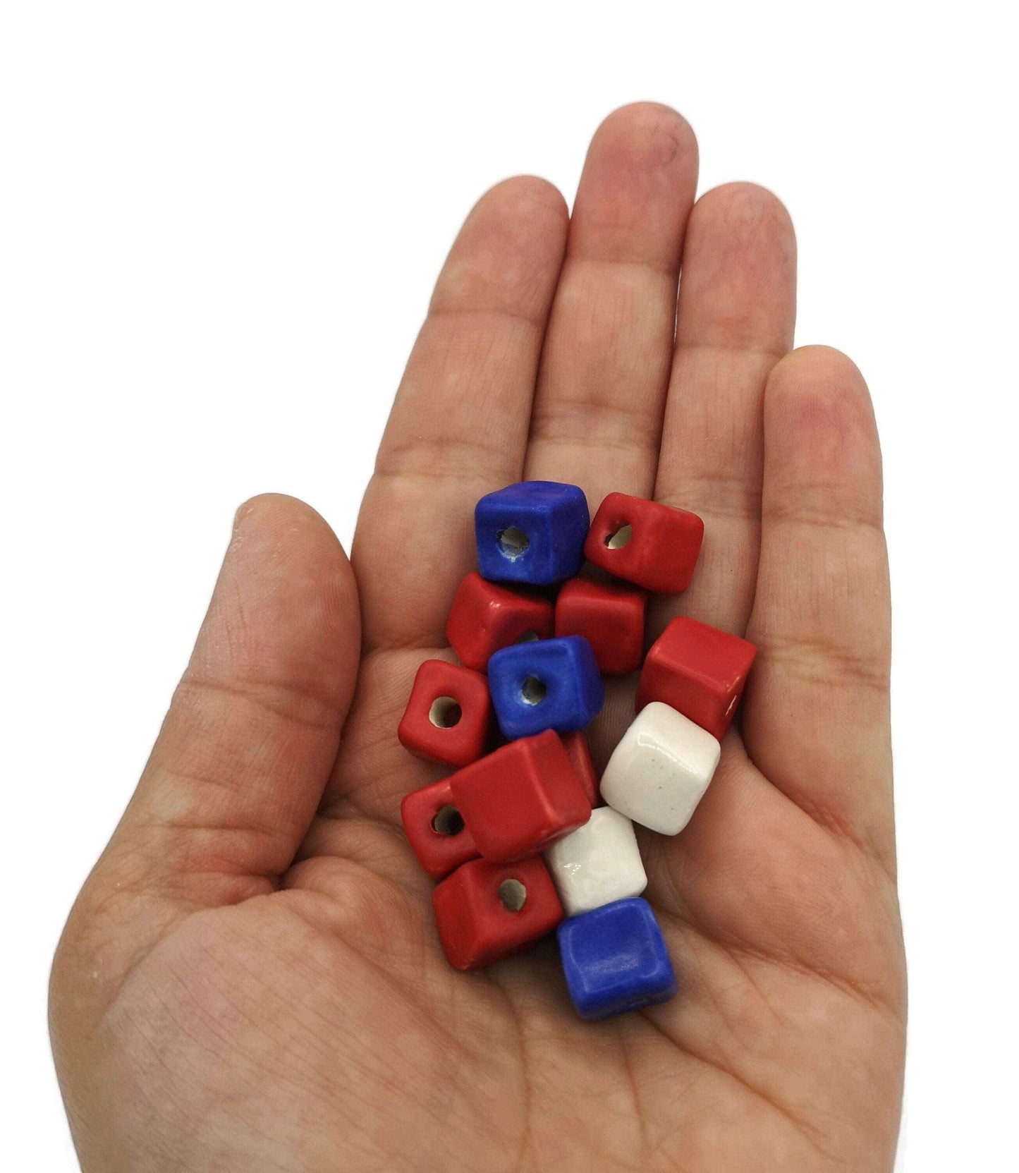 14 Pc Square Ceramic Beads Set, Assorted Royal Blue Red And White Porcelain Beads 10mm, Handmade Clay Jewelry Making Beads, Best Selling