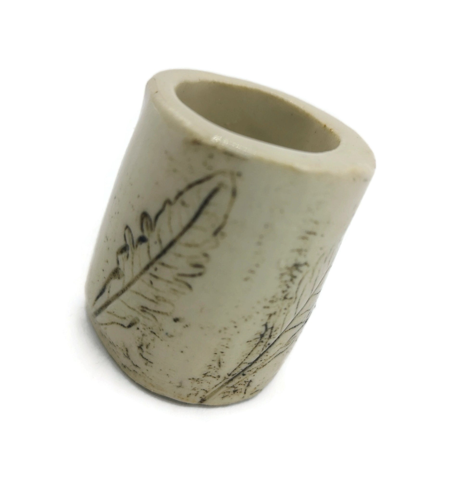 Large Hole Ceramic Tube Beads for Macrame Plant Hanger Project With Engraved Leaf, Handmade Stoneware Beads Oversized, Rustic Clay Cylinder - Ceramica Ana Rafael