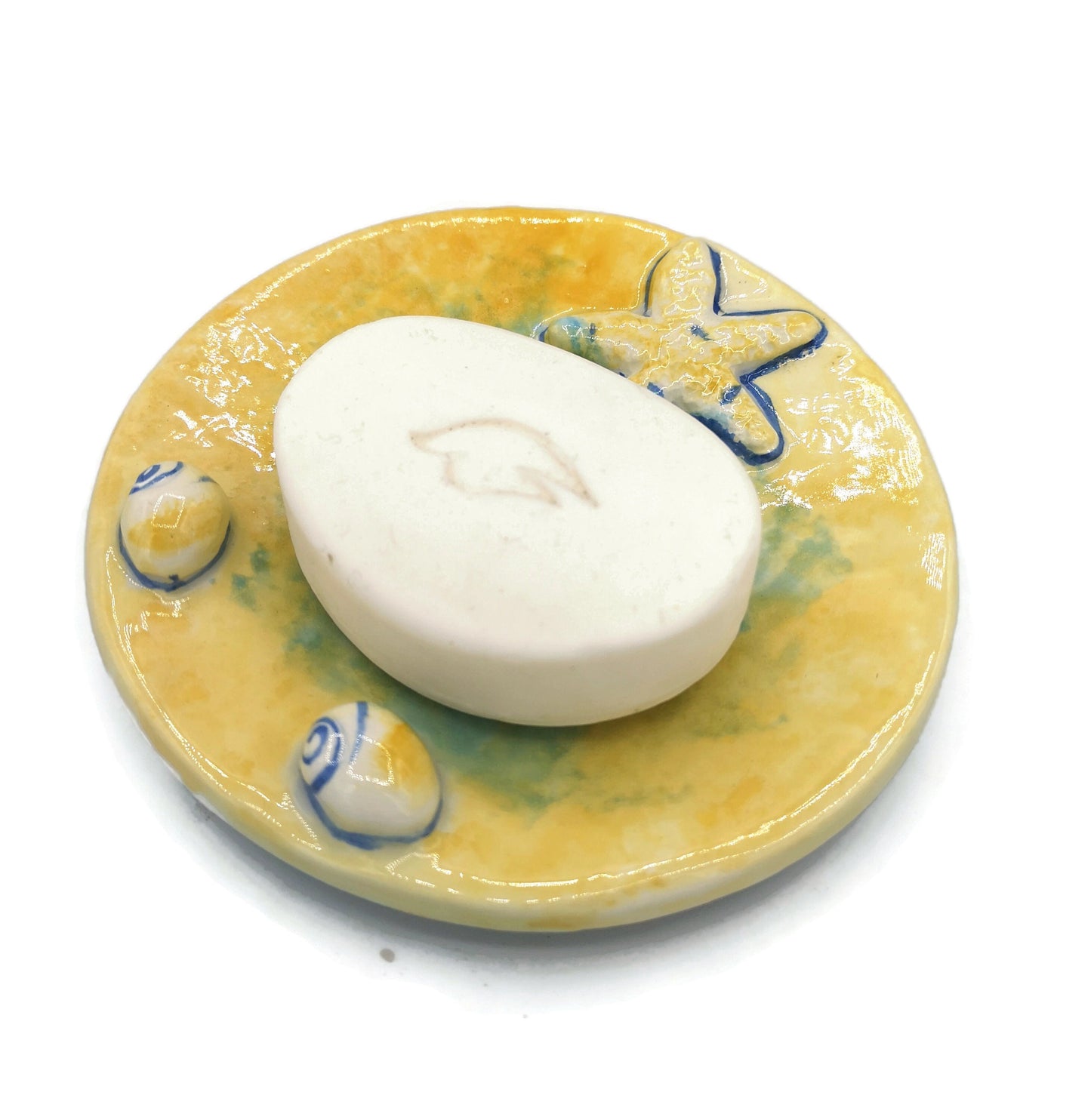 Handmade Ceramic Soap Dish Dispenser For Soap Bar With Drain Holes, Yellow Round Beach Themed Starfish Eco Friendly Bathroom Accessories - Ceramica Ana Rafael