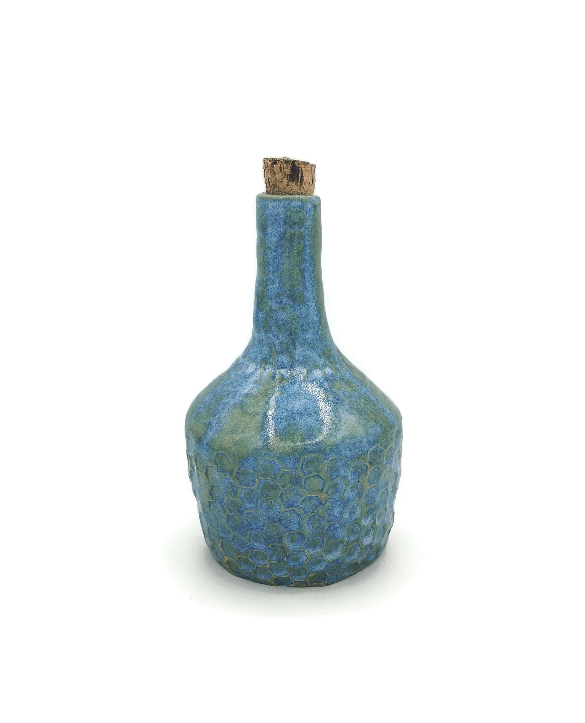 Blue Handmade Ceramic Bottle With Decorative Natural Cork Stopper, Sculptural Vase Honneycomb Texture For Rustic Home Decor - Ceramica Ana Rafael