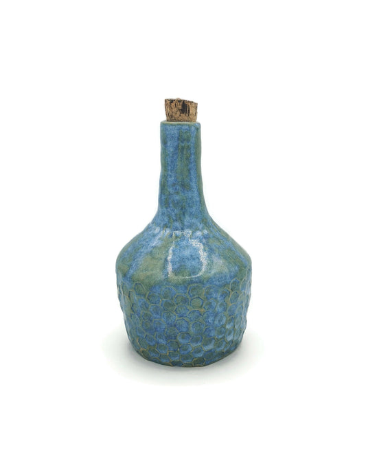 Blue Handmade Ceramic Bottle With Decorative Natural Cork Stopper, Sculptural Vase Honneycomb Texture For Rustic Home Decor - Ceramica Ana Rafael