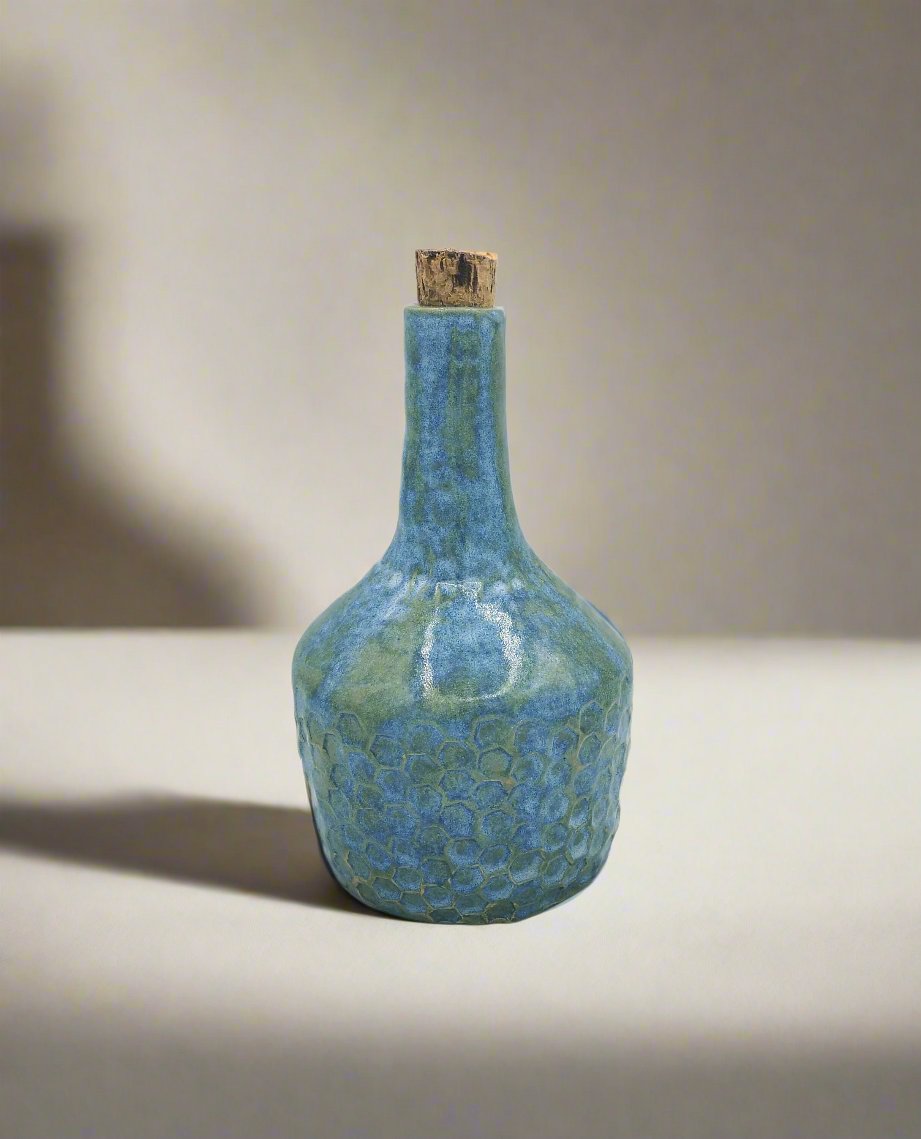 Blue Handmade Ceramic Bottle with Cork Stopper | Sculptural Vase for Rustic Decor