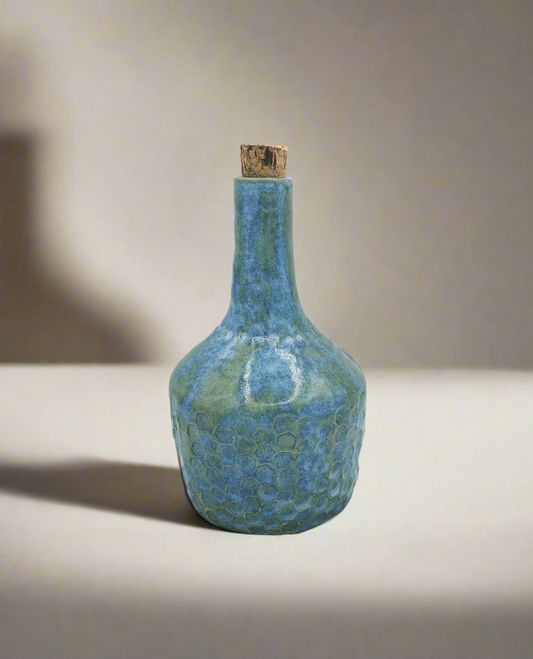 Blue Handmade Ceramic Bottle with Cork Stopper | Sculptural Vase for Rustic Decor