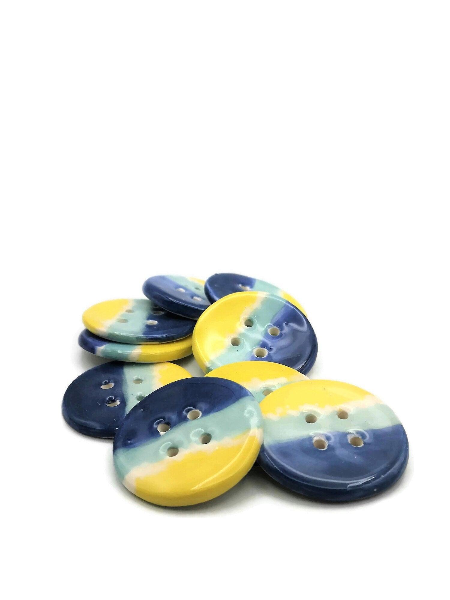 1Pc Handmade Ceramic Extra Large Buttons, Blue And Yellow Decorative Sewing Supplies And Notions, 4 Holes Novelty Beach Themed Coat Buttons - Ceramica Ana Rafael