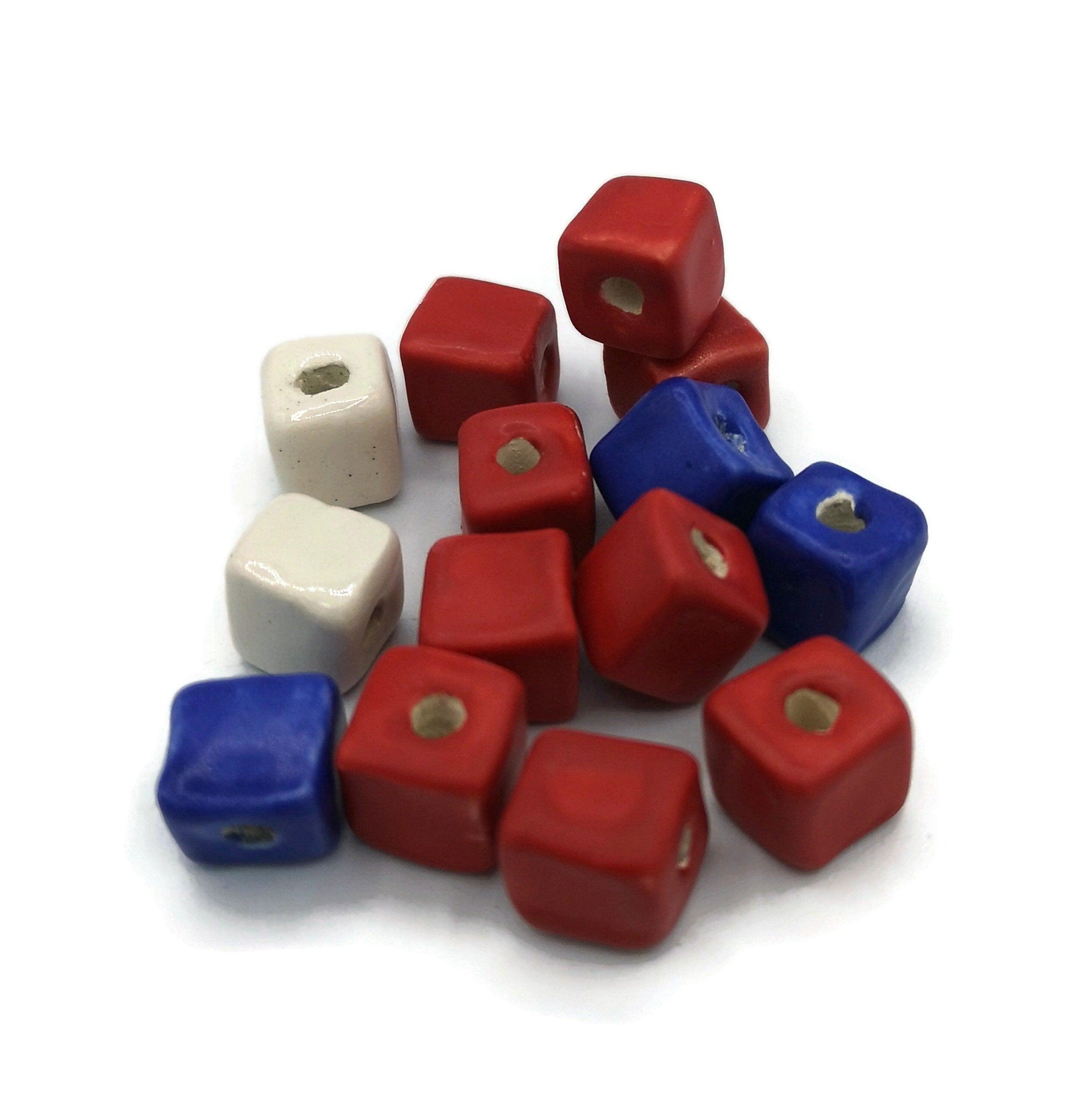 14 Pc Square Ceramic Beads Set, Assorted Royal Blue Red And White Porcelain Beads 10mm, Handmade Clay Jewelry Making Beads - Ceramica Ana Rafael