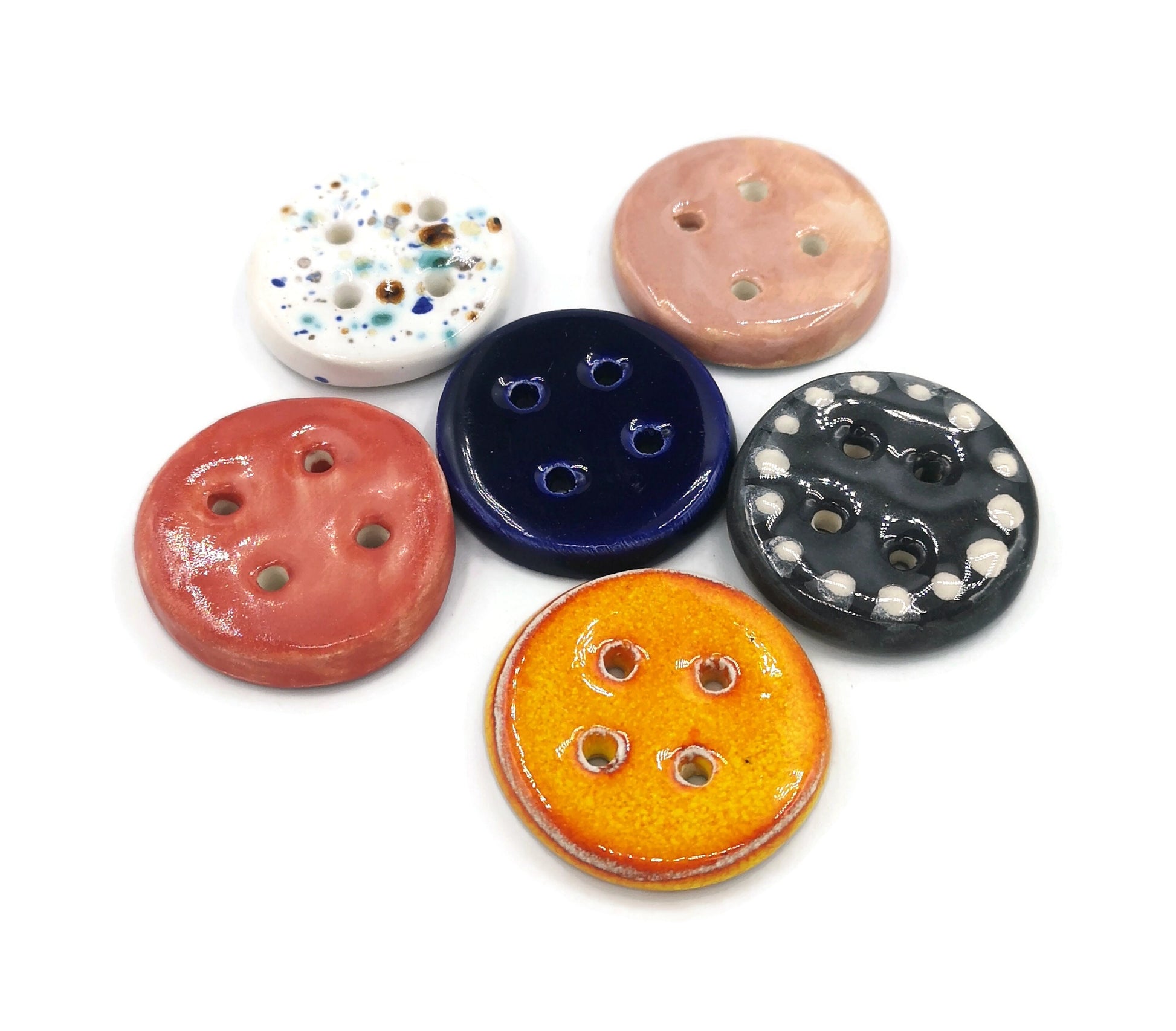 6Pc 40mm Glazed Extra Large Clay Sewing Buttons, Assorted Handmade Ceramic Buttons, Unique Strange And Unusual 4-hole Flat Back Buttons - Ceramica Ana Rafael