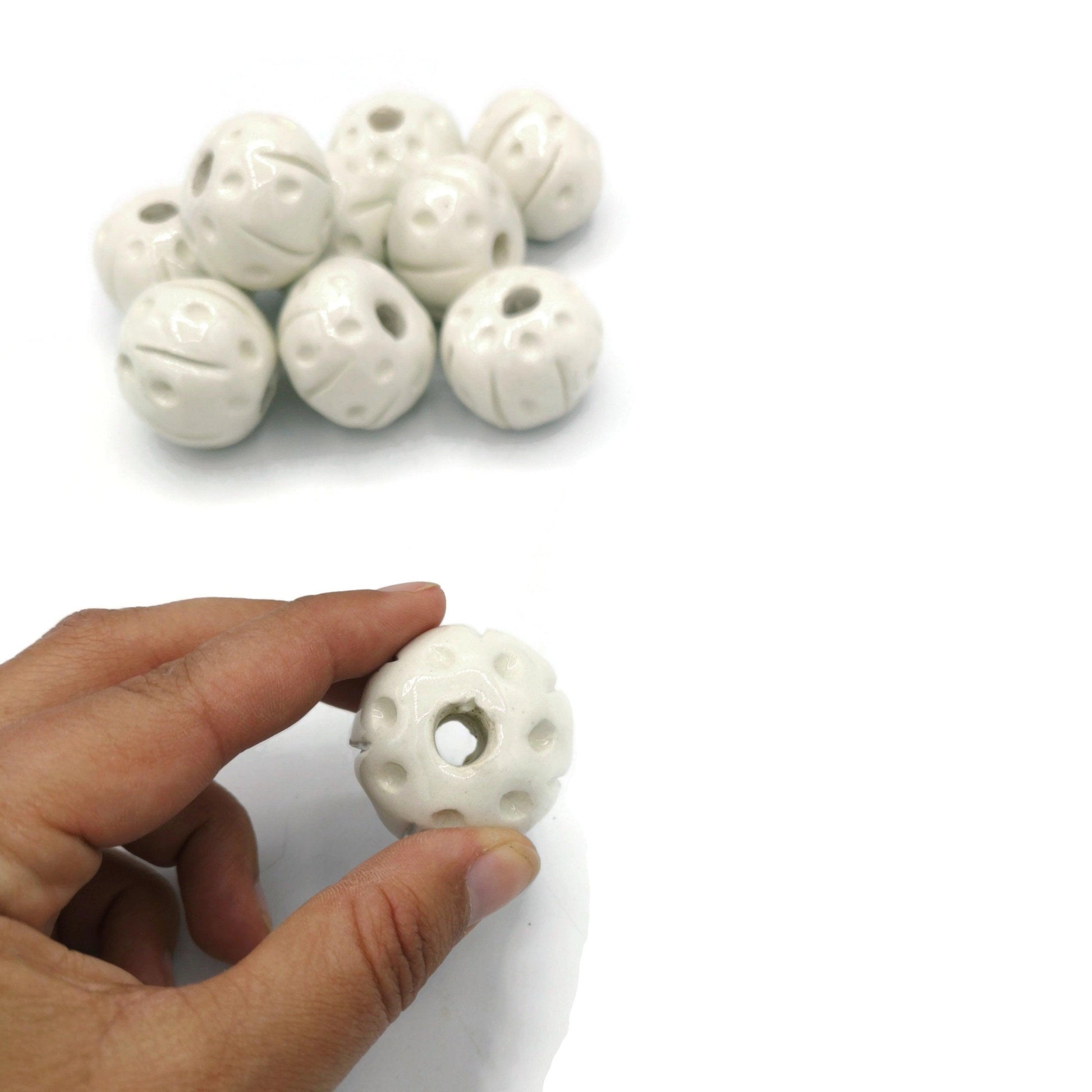 1Pc 35mm White Large Hole Beads, round beads for bracelets, clay beads for jewelry making supplies, best handmade ceramic beads for macrame - Ceramica Ana Rafael