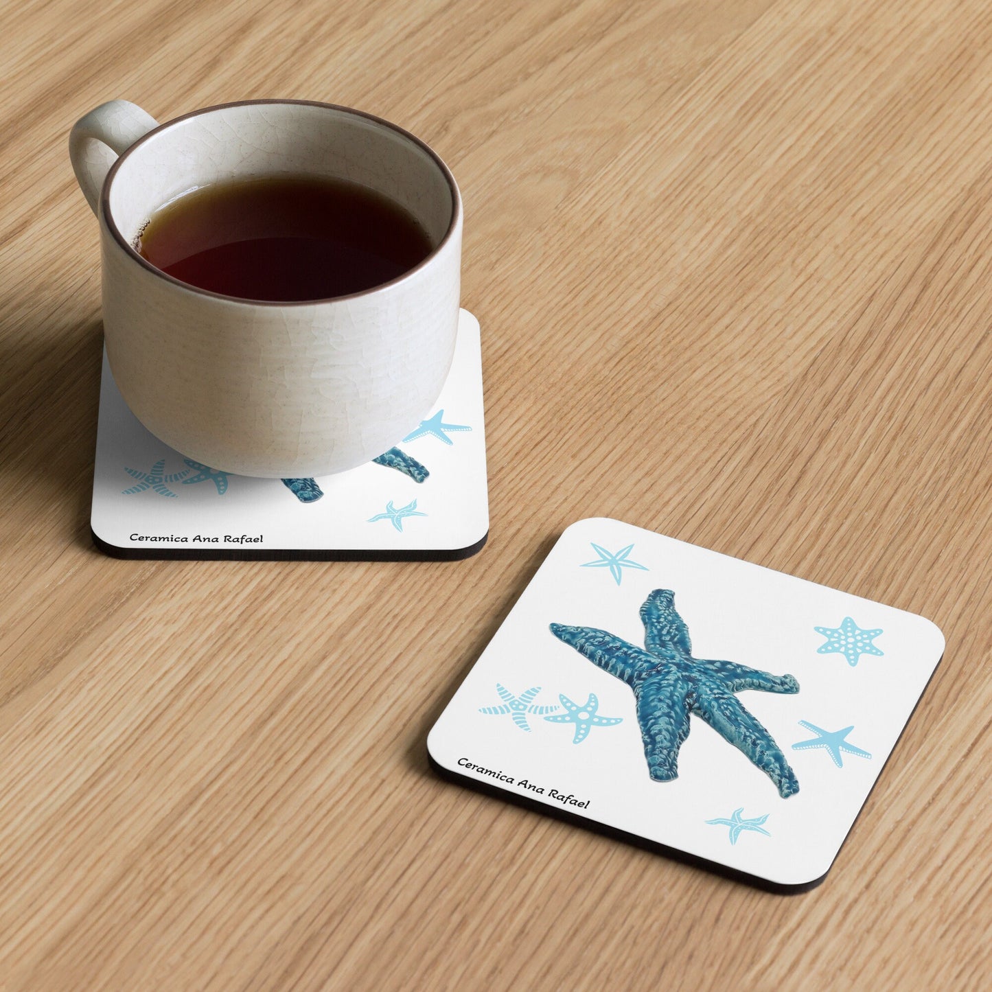 1Pc Blue Starfish MDF Cork-back Coaster With Printed Handmade Ceramic Starfish, Square With Rounded Corners, Office Desk Accessories For Him
