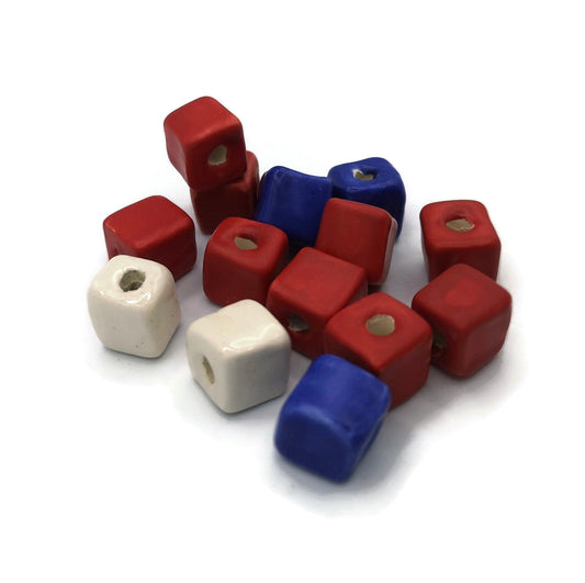 14 Pc Square Ceramic Beads Set, Assorted Royal Blue Red And White Porcelain Beads 10mm, Handmade Clay Jewelry Making Beads - Ceramica Ana Rafael