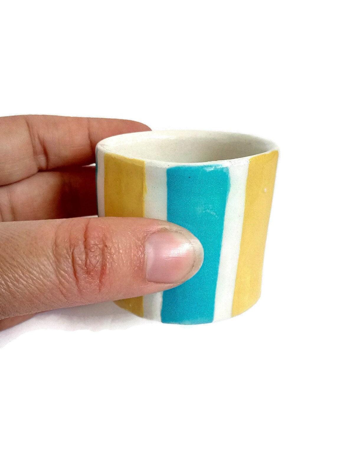 1Pc Handmade Ceramic Espresso Cup, Best Coffee Lovers Gifts For Him, Small Pottery Mug, Striped Blue And Yellow Shot Glass For Men - Ceramica Ana Rafael