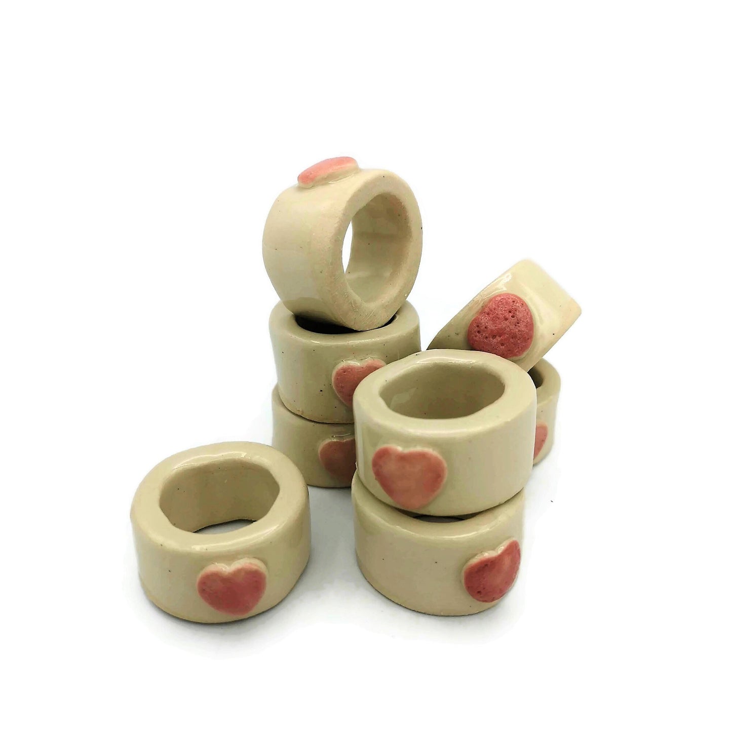 8Pc Extra Large Tube Beads, Handmade Ceramic Macrame Beads With Decorative Heart, Large Hole Beads, Napknig Rings - Ceramica Ana Rafael