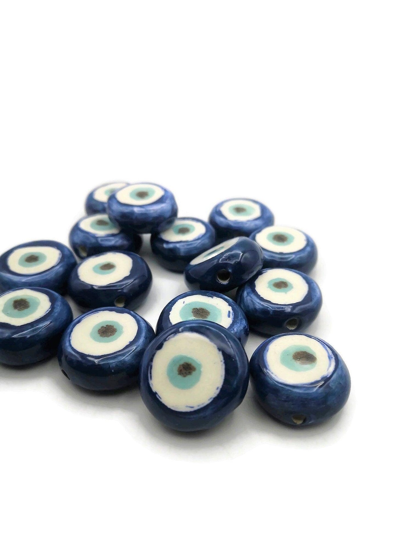 1Pc Blue Evil Eye Beads For Jewelry Making, Handmade Ceramic Macrame Beads, Extra Large Clay Beads, Round Unusual Decorative Porcelain Beads - Ceramica Ana Rafael