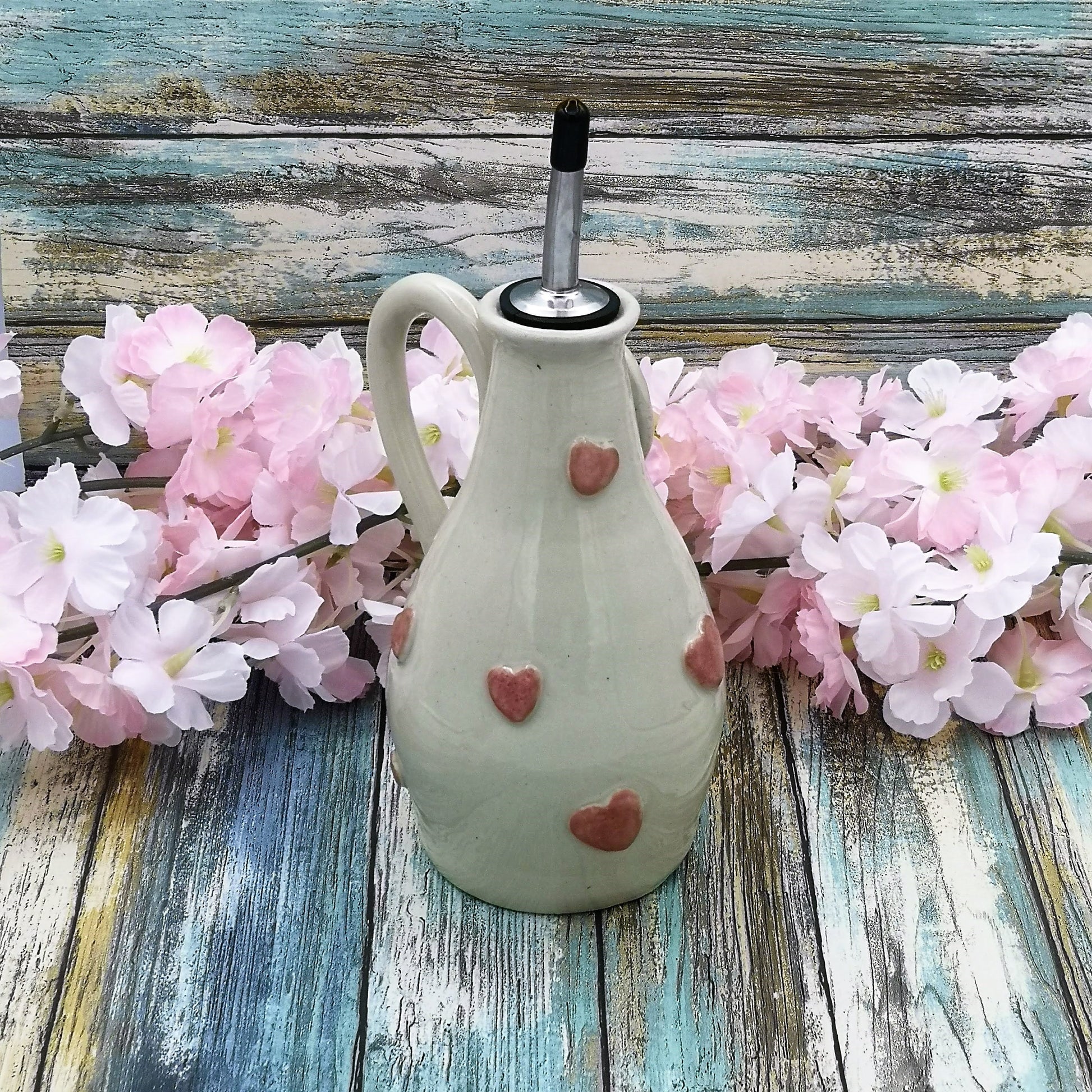 Handmade Ceramic Beige With Pink Hearts Olive Oil Dispenser, Stoneware Pottery Olive Oil Cruet, Decorative Bottles, Mothers Day Cooking Gift - Ceramica Ana Rafael