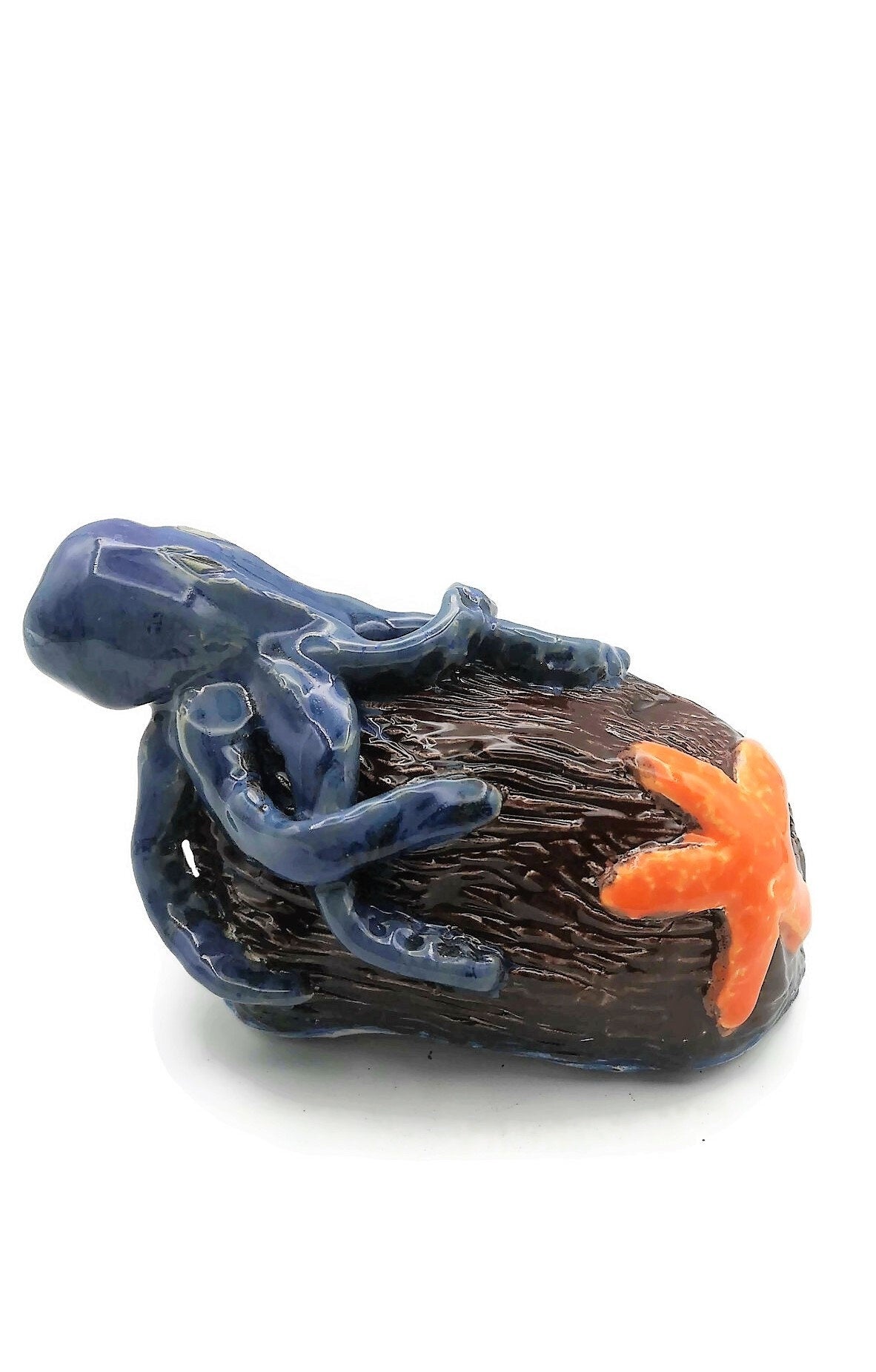 Handmade Blue Ceramic Octopus And Orange Starfish Sculpture, Modern Contemporary Coastal Home Decor For Table or Shelf - Ceramica Ana Rafael